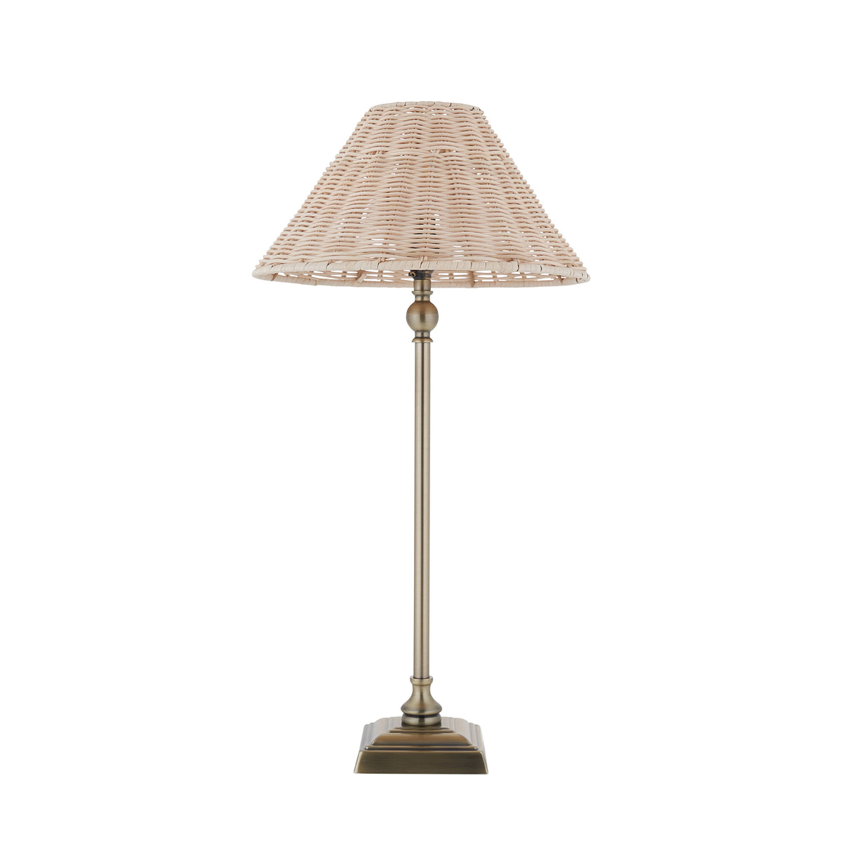 Jericho antique brass table lamp shown side on with rattan coolie shade and stepped square base