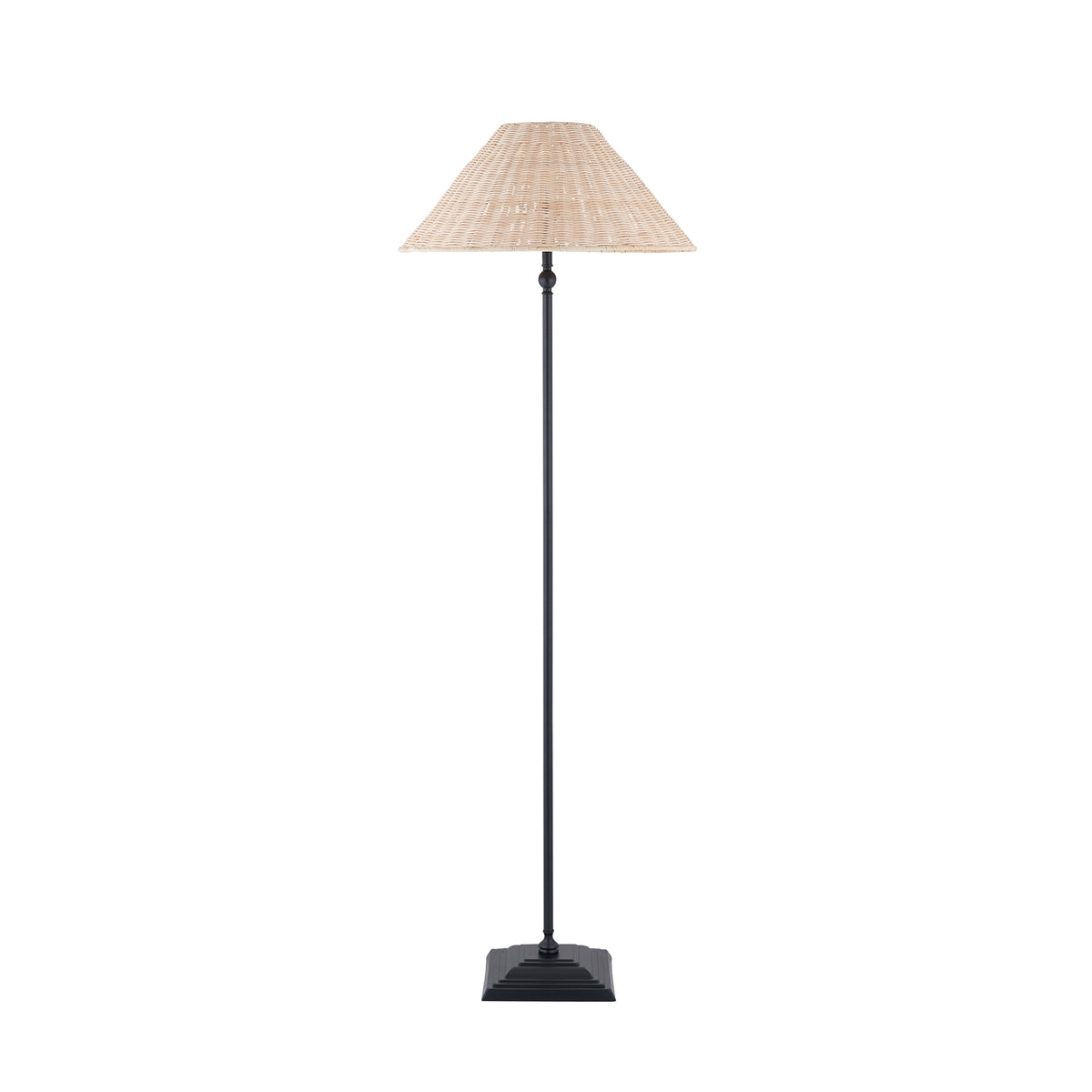 Jericho matt black floor lamp with natural rattan coolie shade on a plain background
