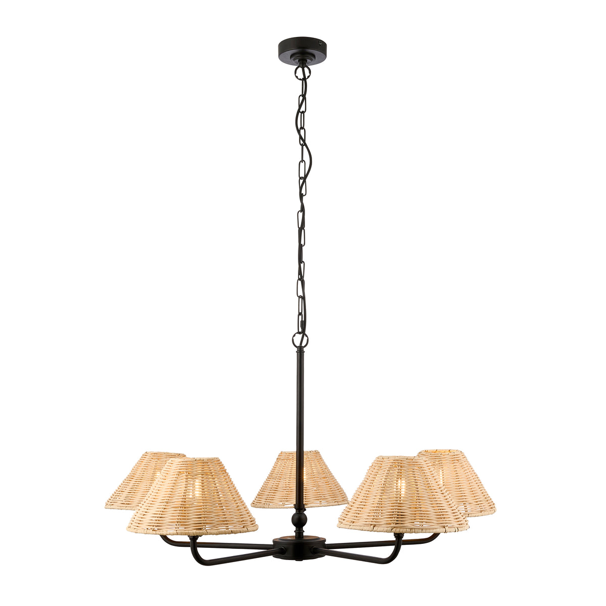 Jericho five-light black pendant with chain suspension and natural rattan coolie shades