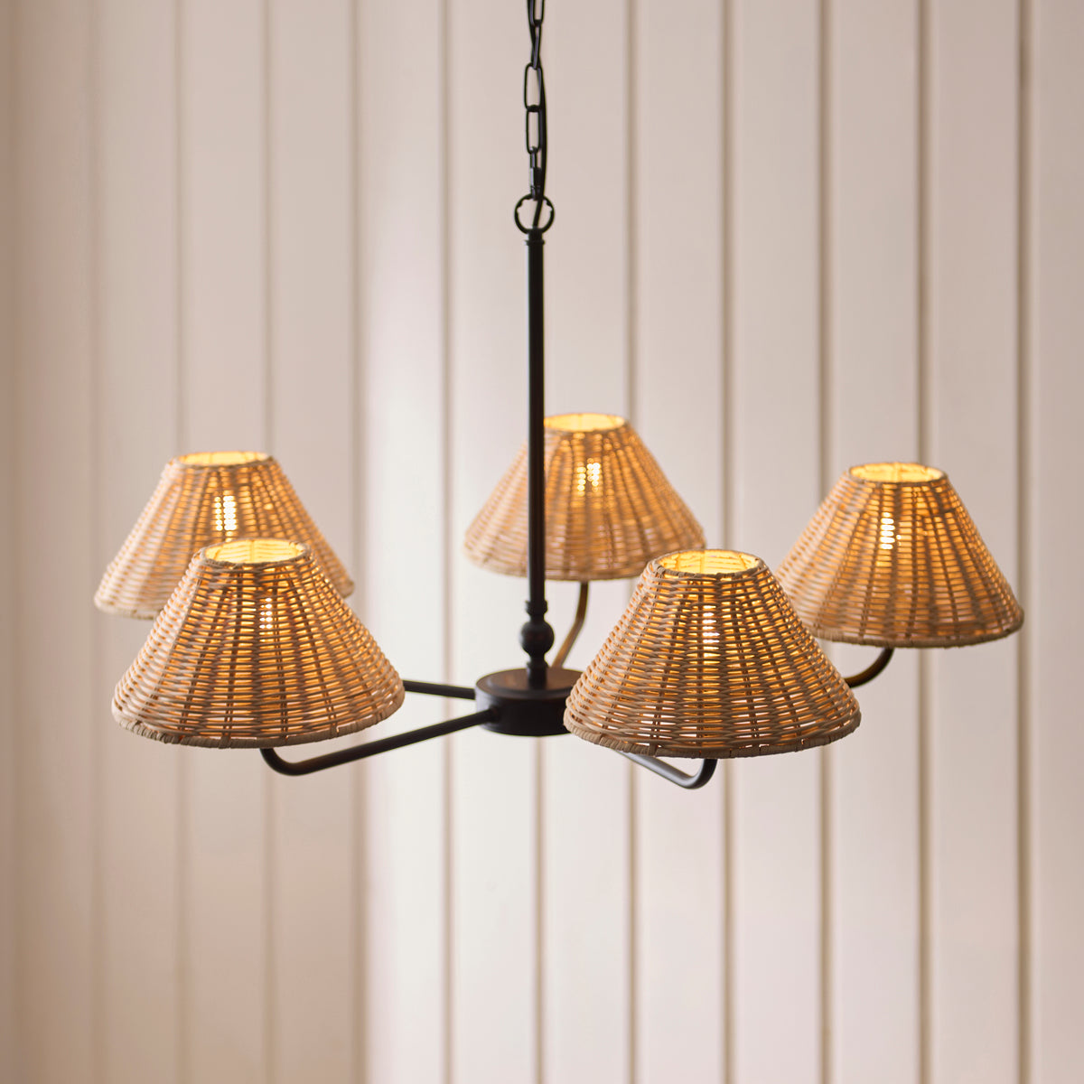 Lit Jericho black chandelier with five woven rattan shades against cream panelling