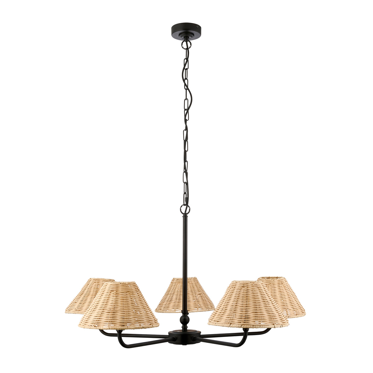 Jericho black chandelier with five natural rattan coolie shades and chain suspension