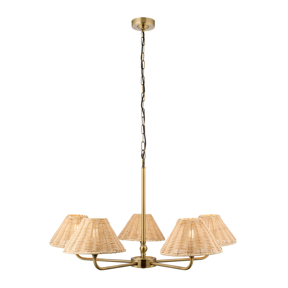 Jericho five-light antique brass pendant with chain and natural rattan coolie shades