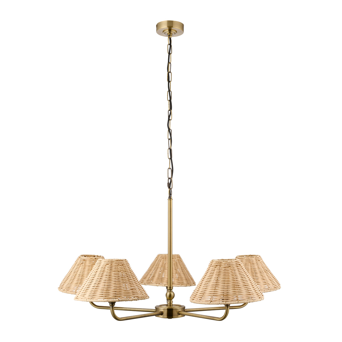 Jericho five-light antique brass chandelier with natural rattan shades on a plain background