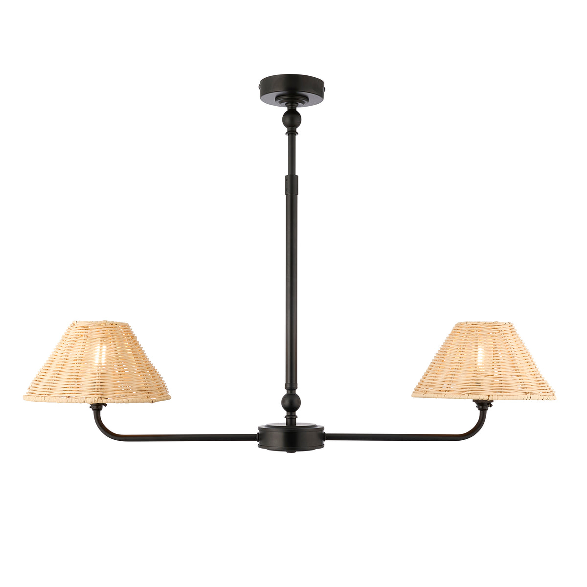 Jericho matt black linear pendant with two natural rattan coolie shades on a slim drop rod