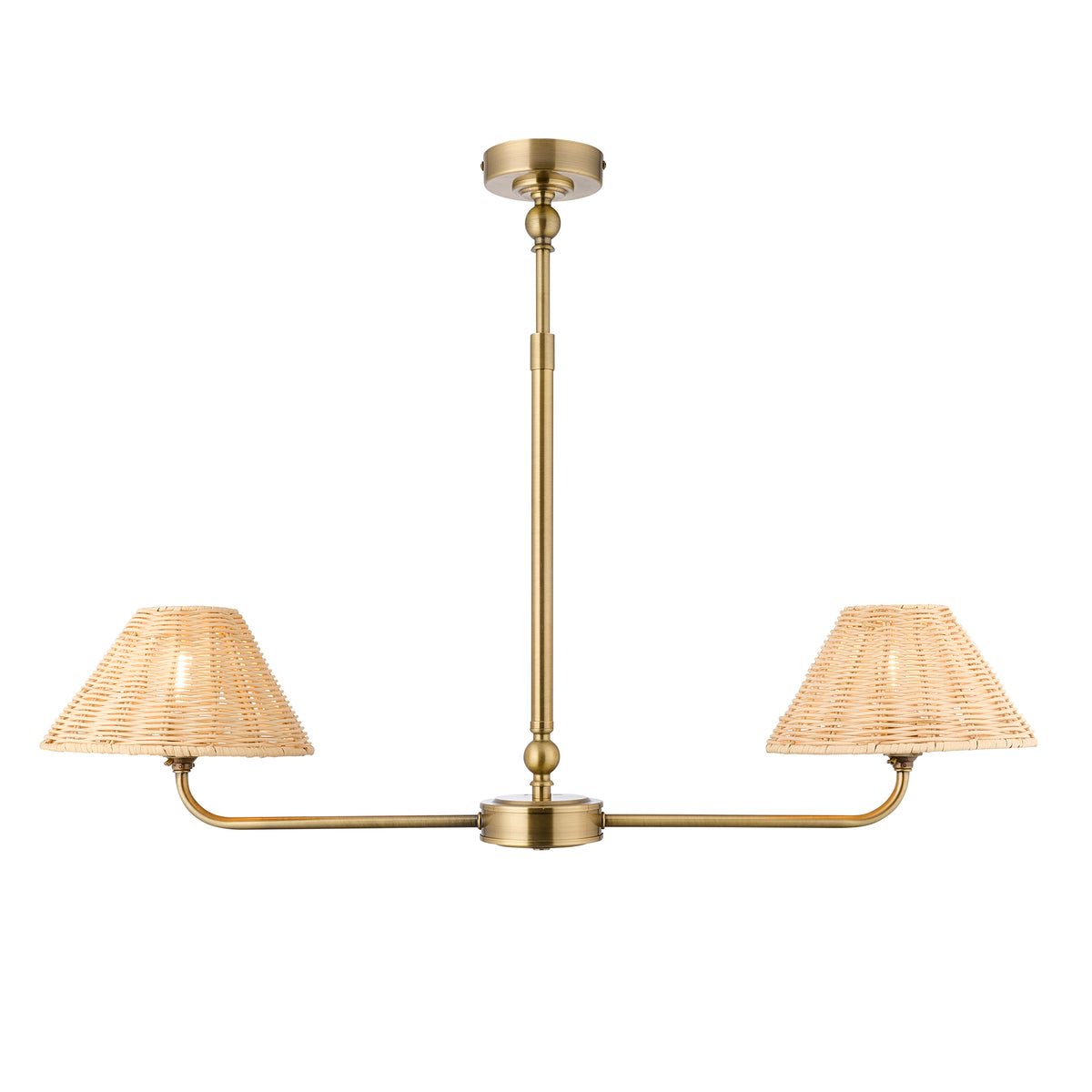Jericho antique brass linear pendant with two natural rattan coolie shades on a slim drop rod