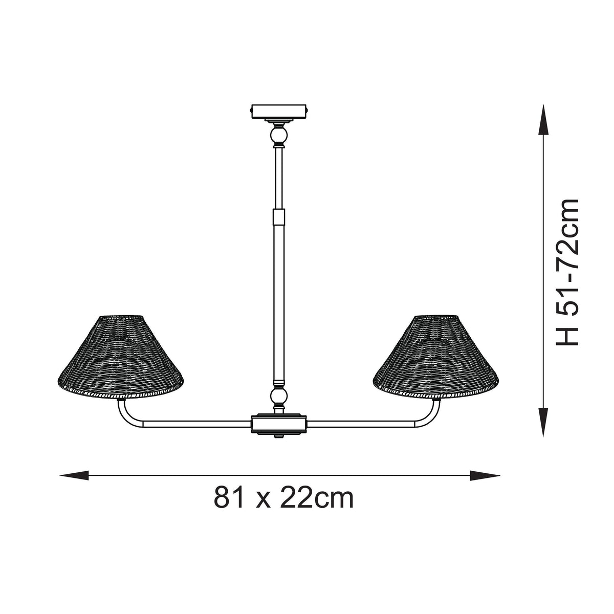 Dimension diagram of the Jericho linear pendant showing height, width and depth measurements