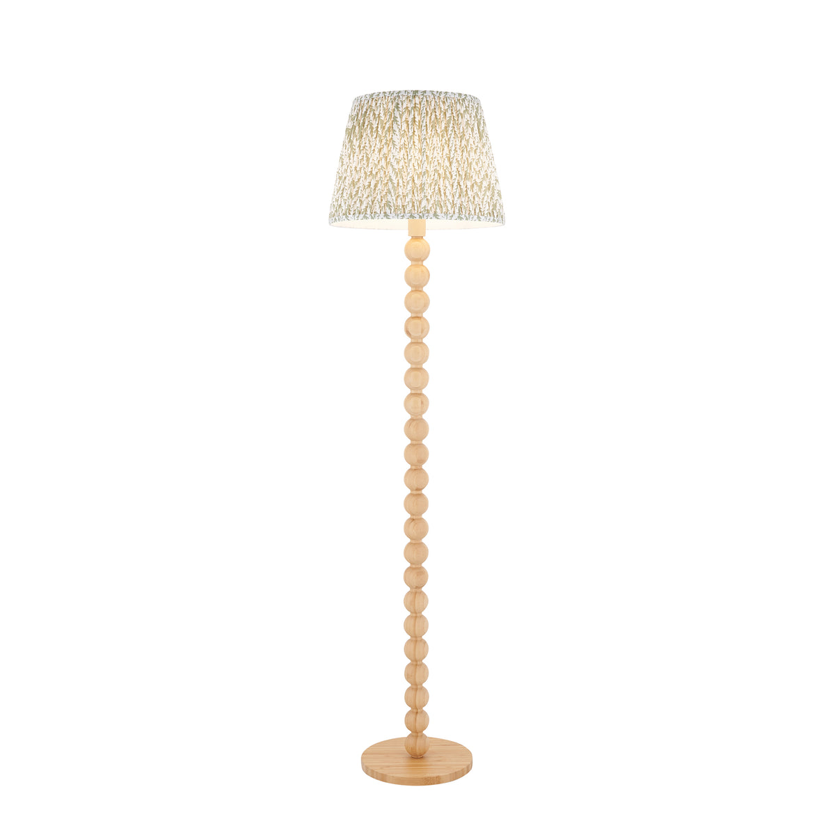 Cane & Leaf bamboo floor lamp with stacked ball stem and pleated green leaf-print shade