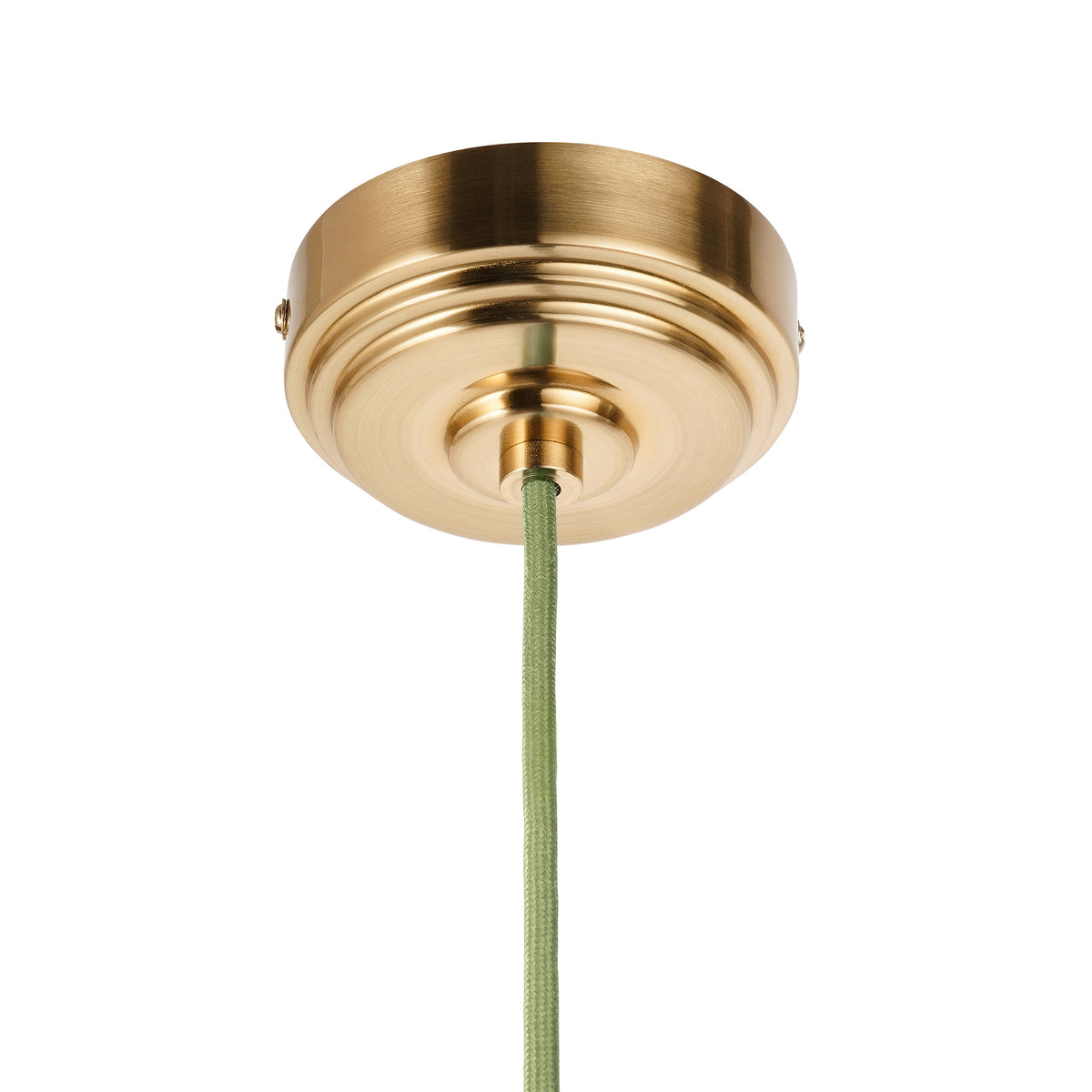 Brass ceiling rose of the Eltham pendant with green braided cable