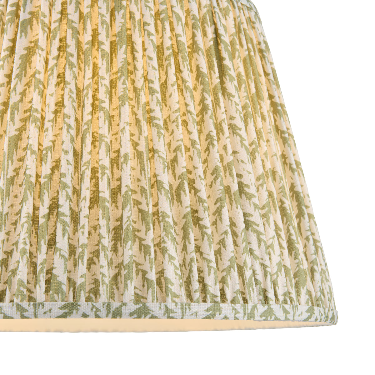 Detail of the pleated leaf-patterned fabric and cream trim on the Eltham shade