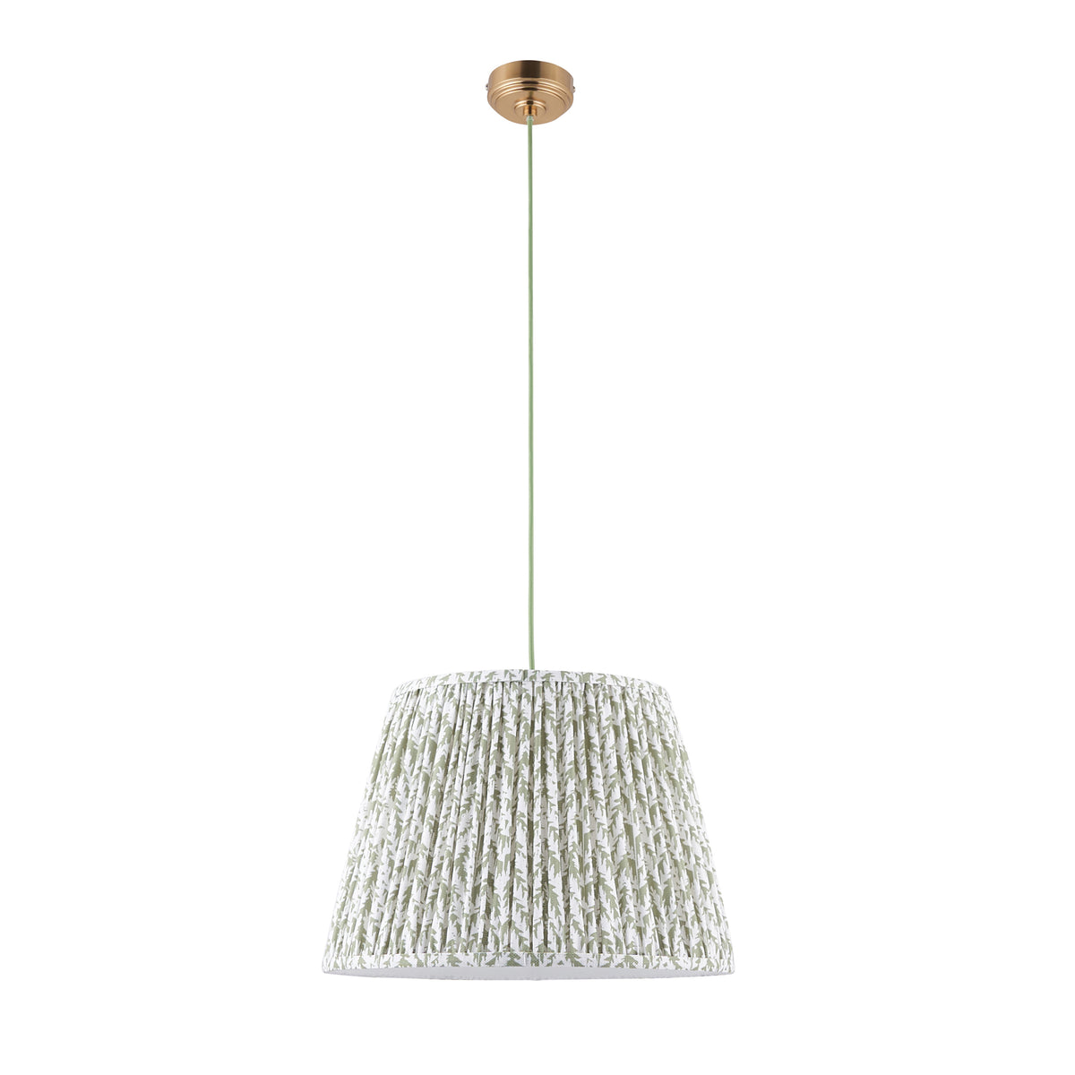 Eltham & Leaf aged brass pendant light with pleated leaf-print shade, shown from the front