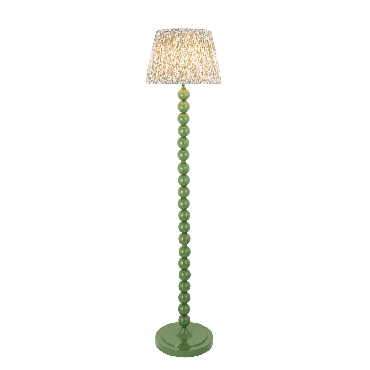 Higgledy & Leaf floor lamp with stacked Cotswold green ball stem and pleated leaf-print pleated shade