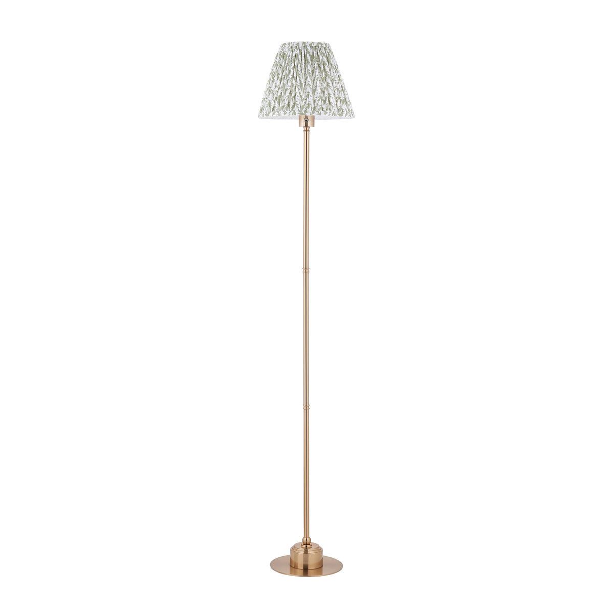 Burley aged brass rechargeable floor lamp with pleated leaf shade on a white background