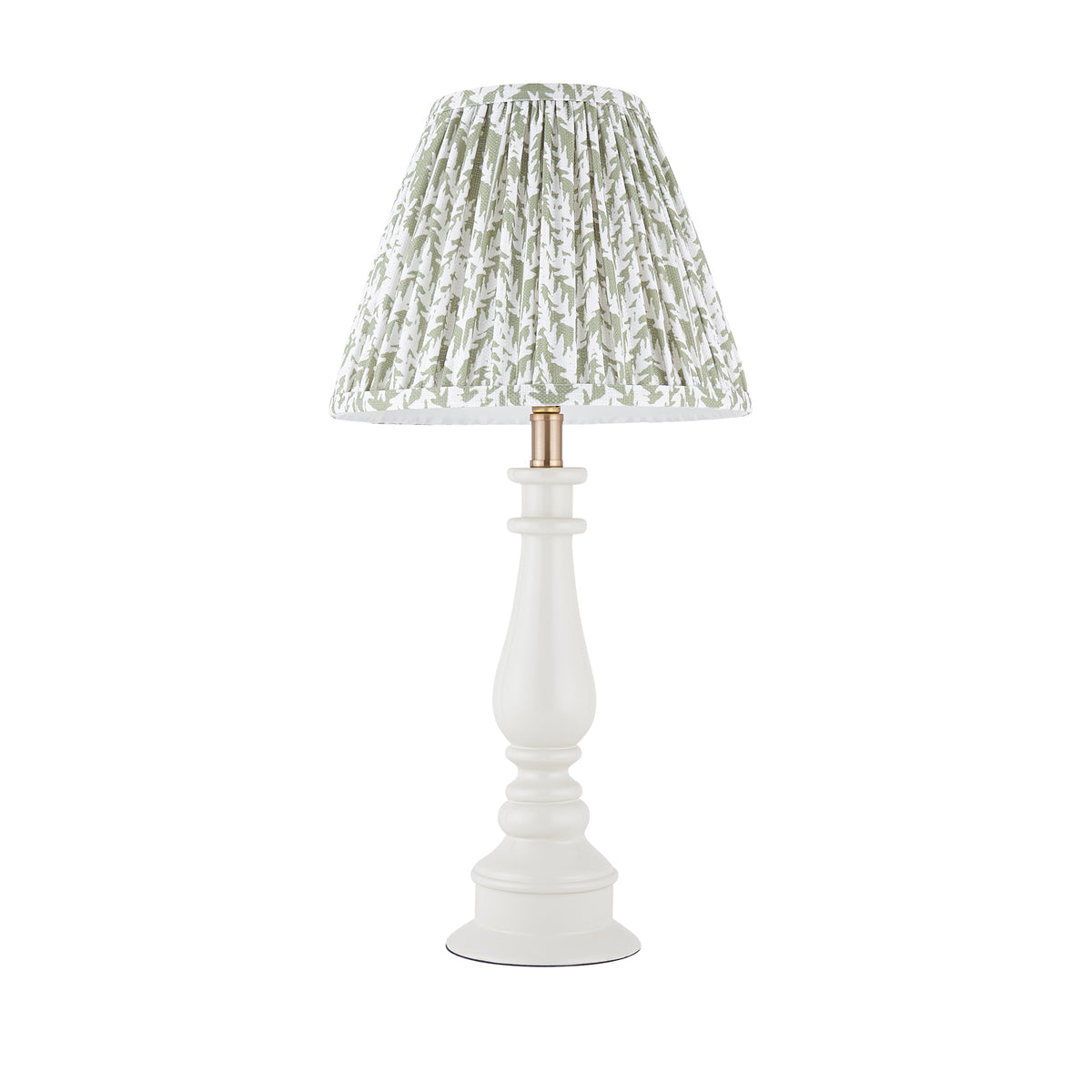 Myrtle almond white table lamp with pleated green leaf shade on a white background
