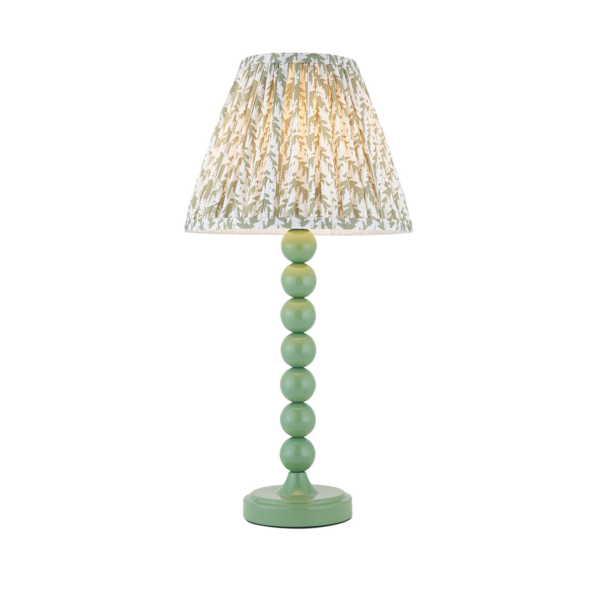 Higgledy & Leaf green table lamp with stacked ball stem and lit pleated leaf-print shade