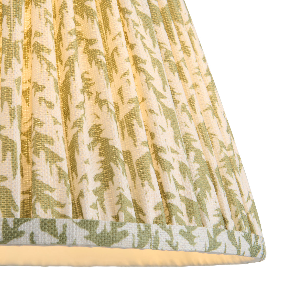 Close-up of the pleated leaf-patterned fabric and trim on the Higgledy lamp shade