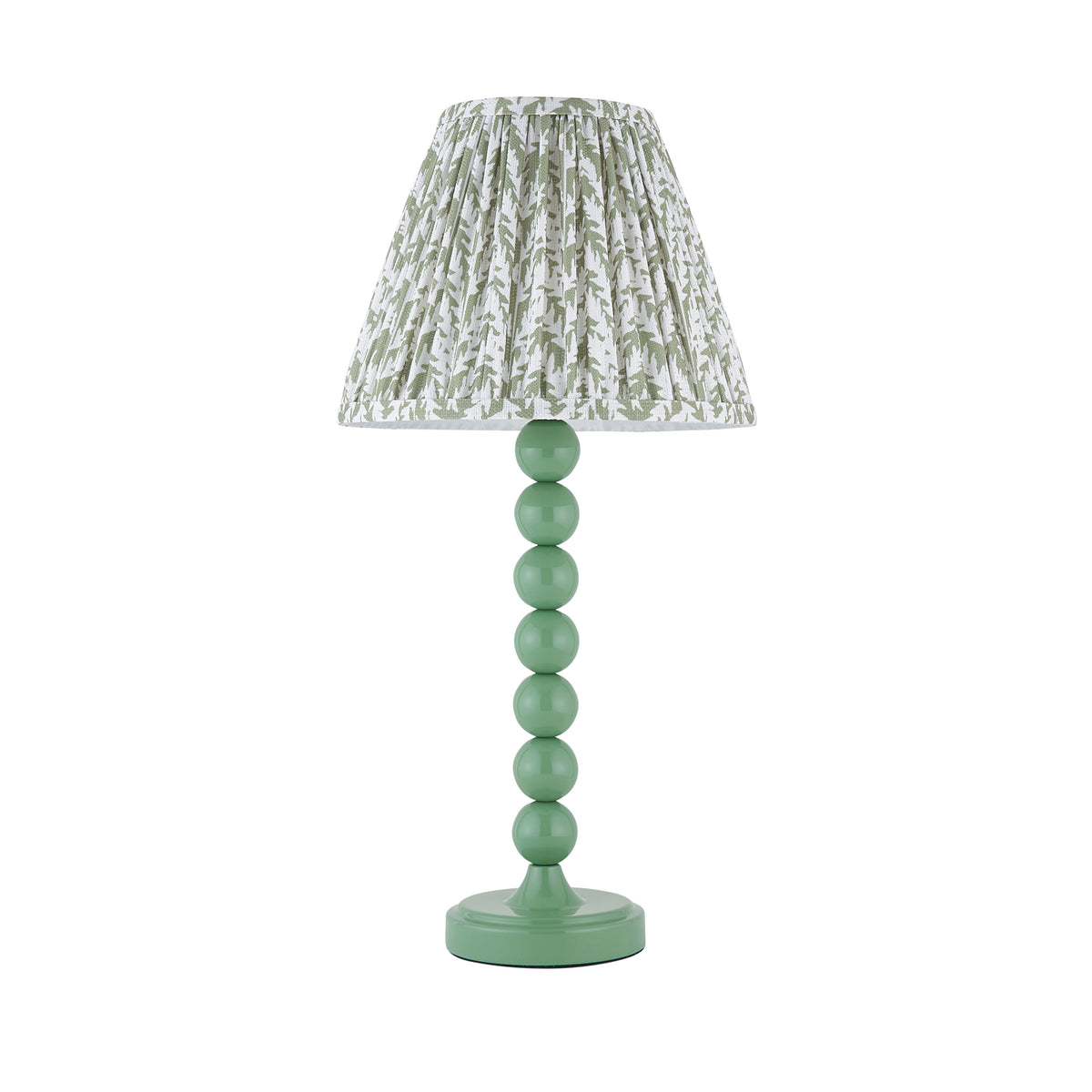 Higgledy & Leaf green table lamp with pleated leaf shade shown on a white background