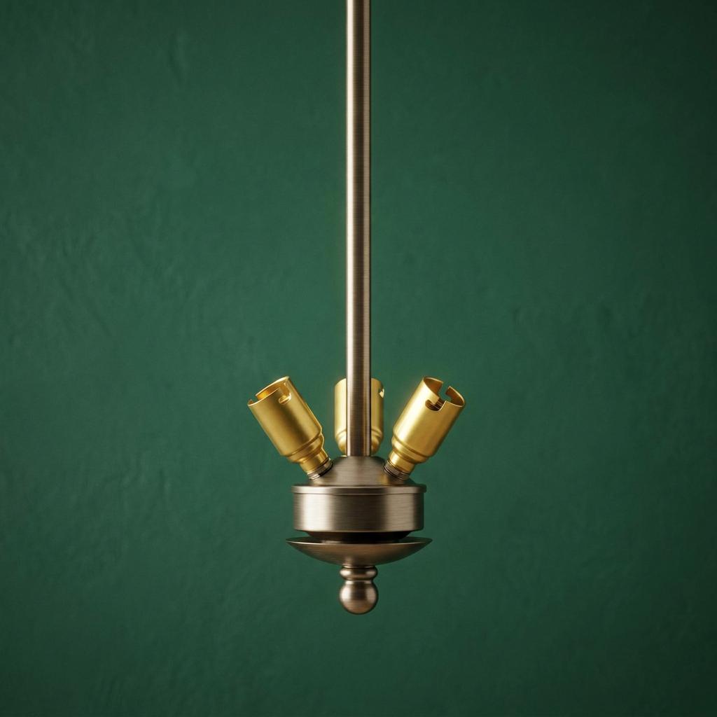 Antique brass three-light drop suspension fitting with gold sockets against a textured green wall.
