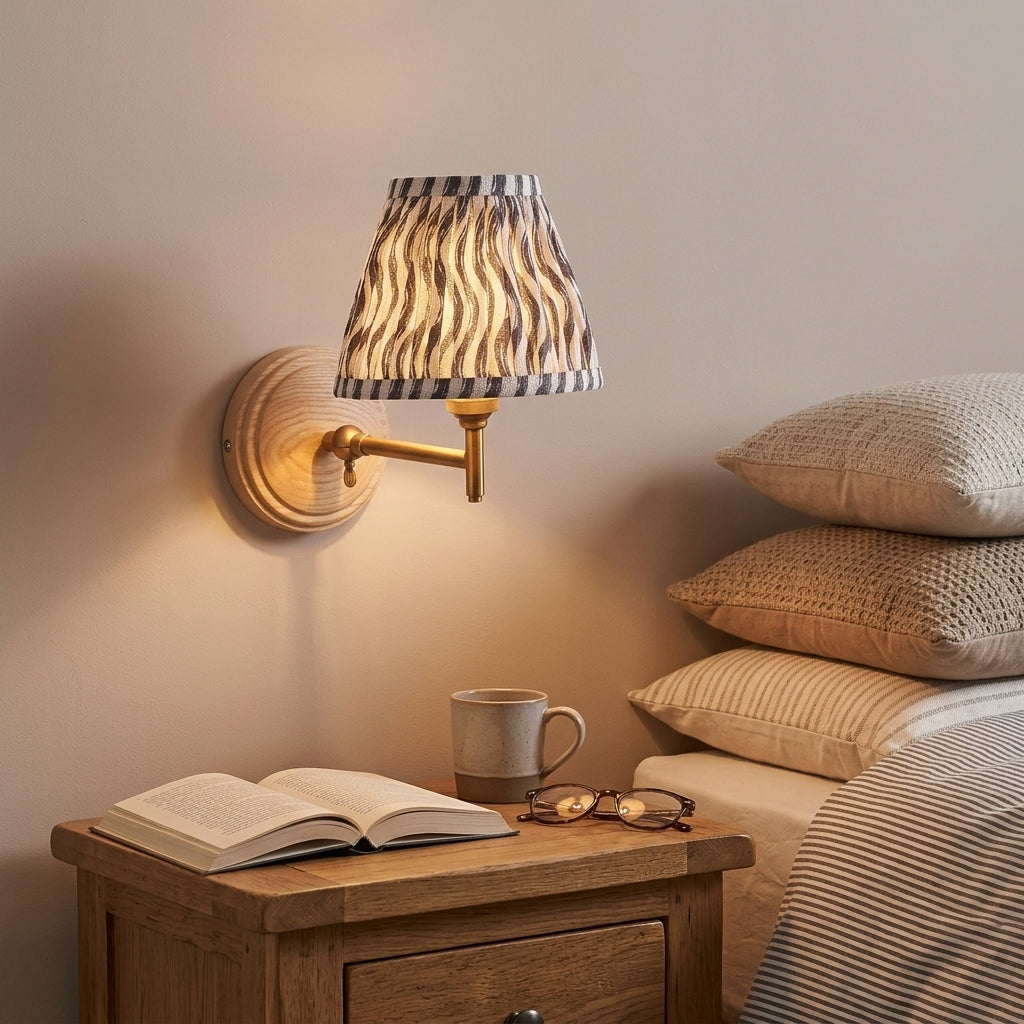Wood Fold Wall Light & Ripple 16cm Pearl Grey Shade by Endon Lighting — suits living rooms, bedrooms & hallways