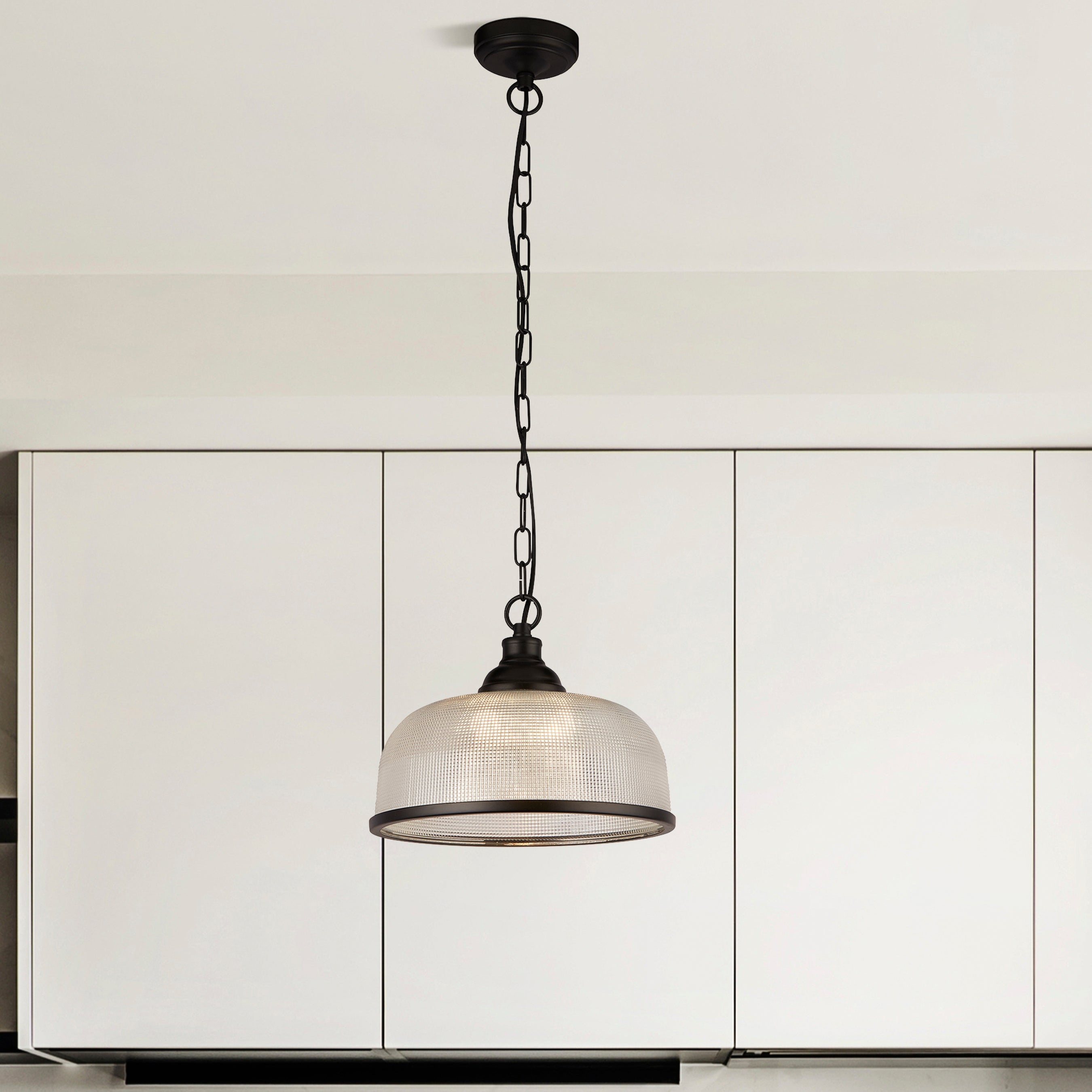 Searchlight Highworth Black Pendant - Holophane Style Glass Shade