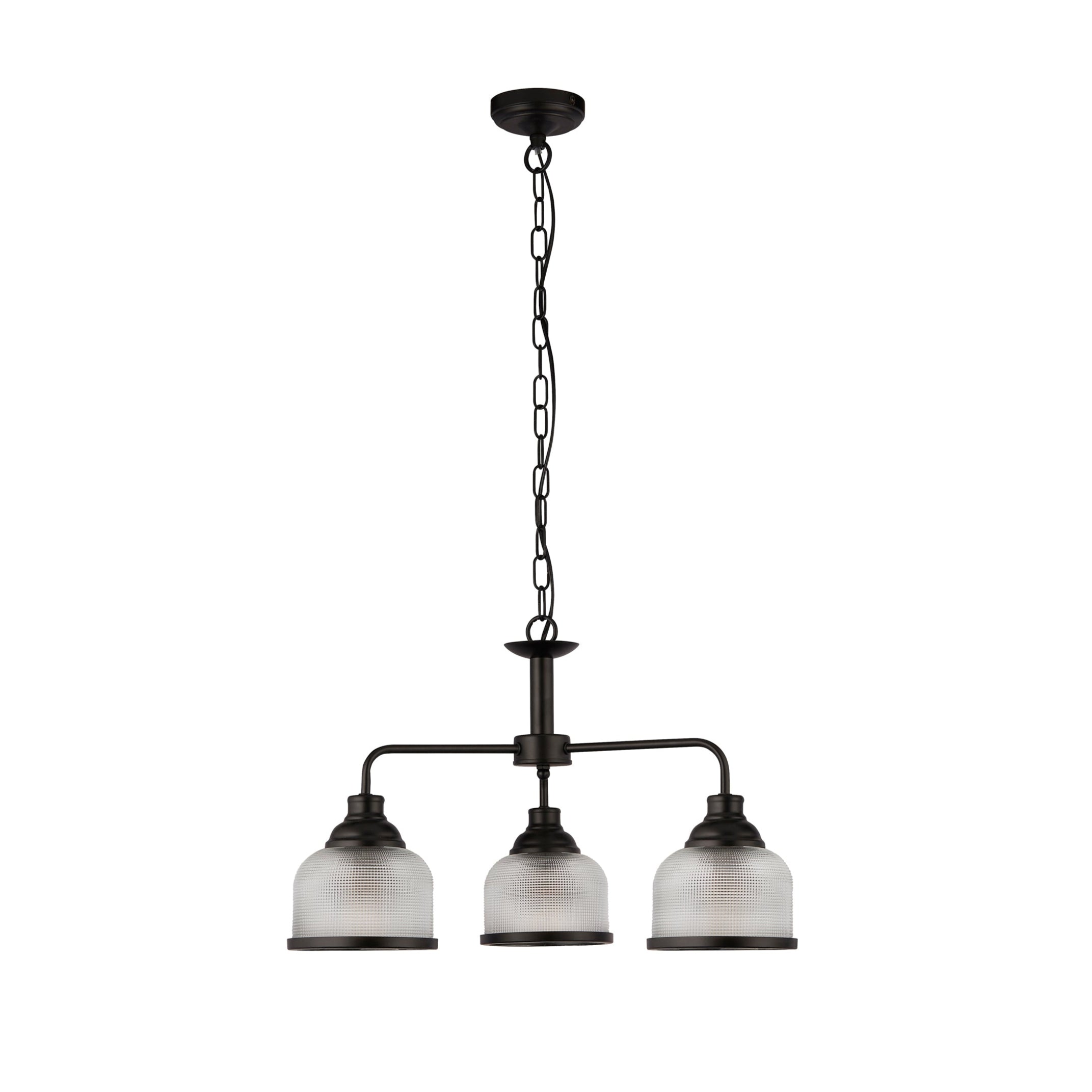 Searchlight Highworth 3 Light Black Pendant - Holophane Style Glass Shade