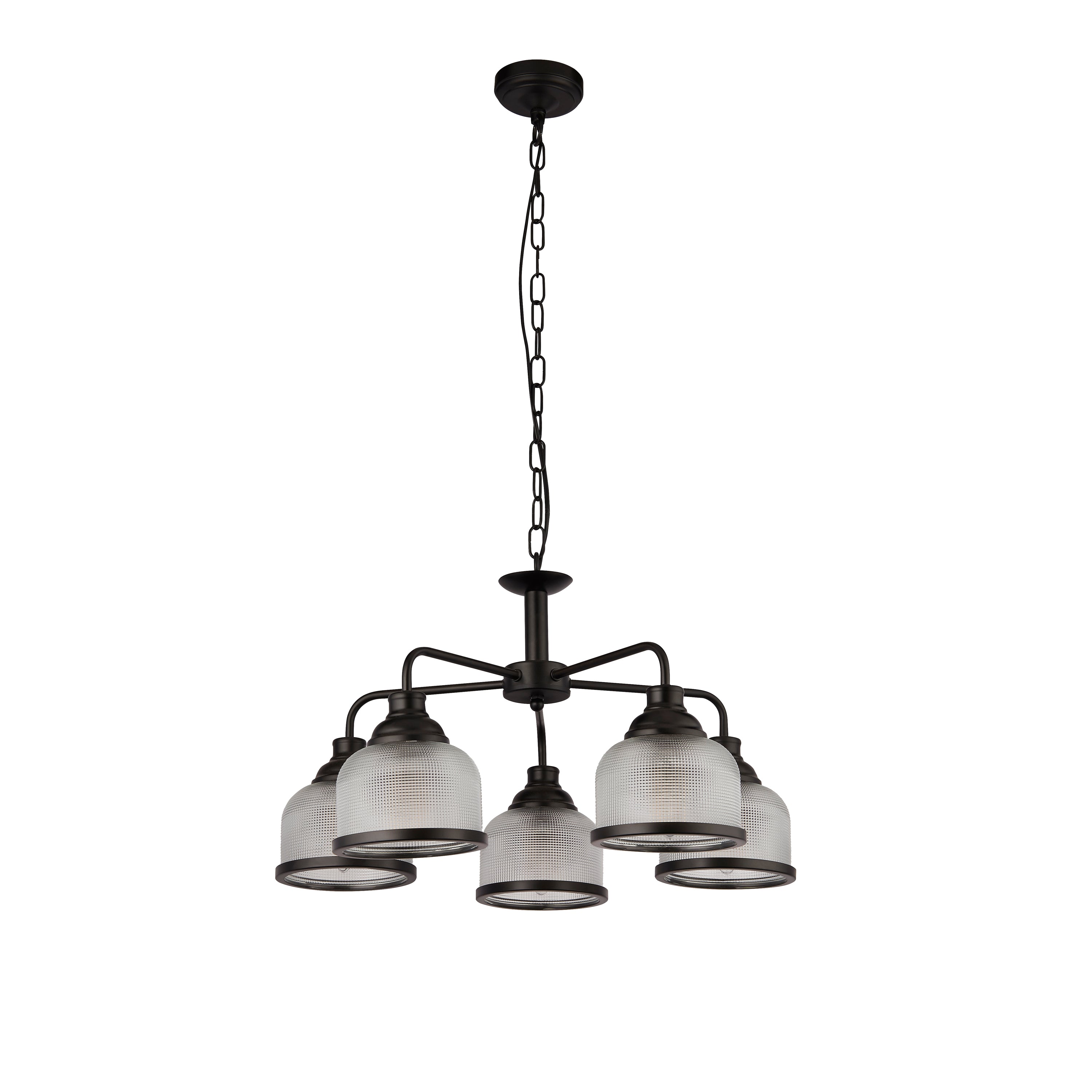Searchlight Highworth 5 Light Black Pendant - Holophane Style Glass Shade