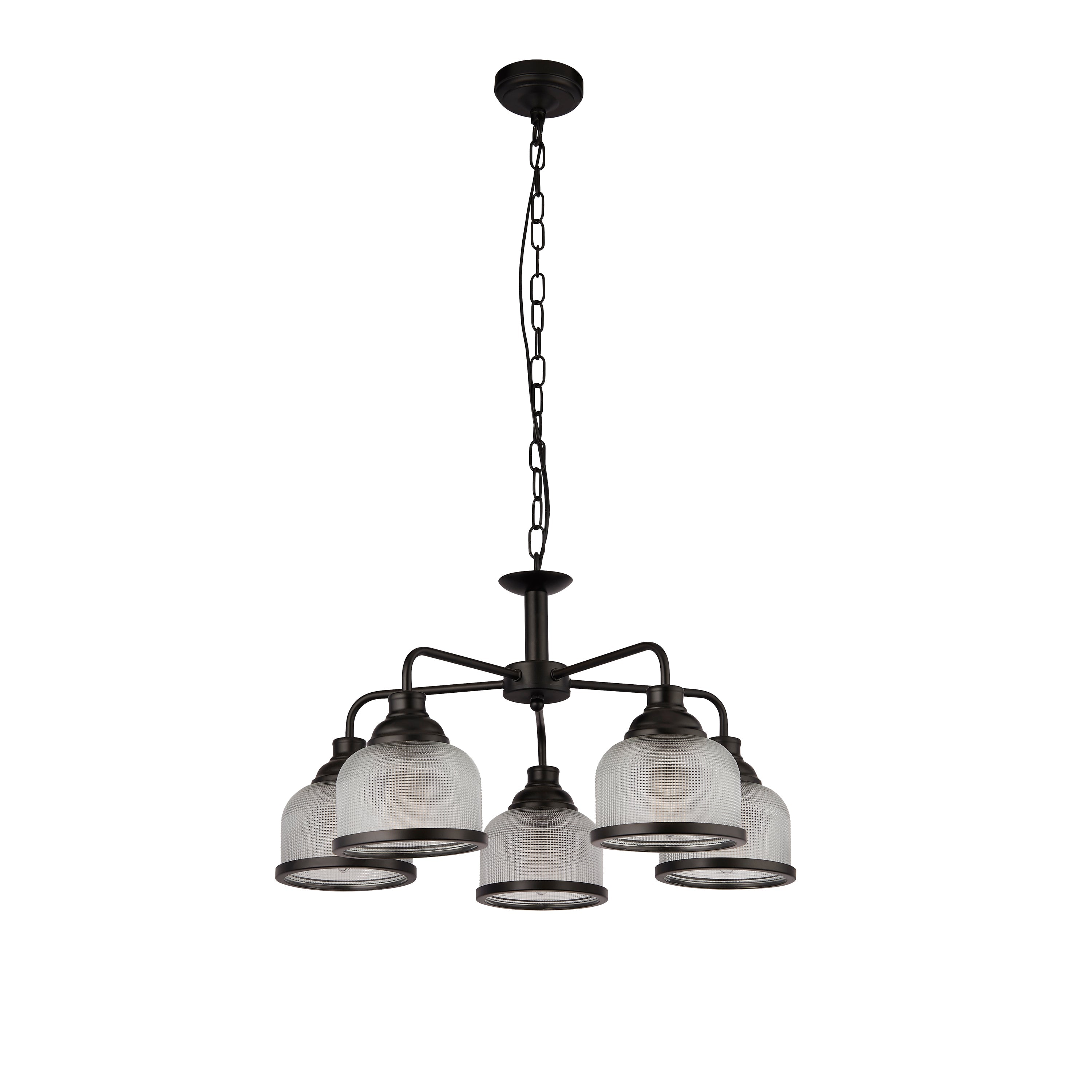 Searchlight Highworth 5 Light Black Pendant - Holophane Style Glass Shade-WAREHOUSE-40-250626