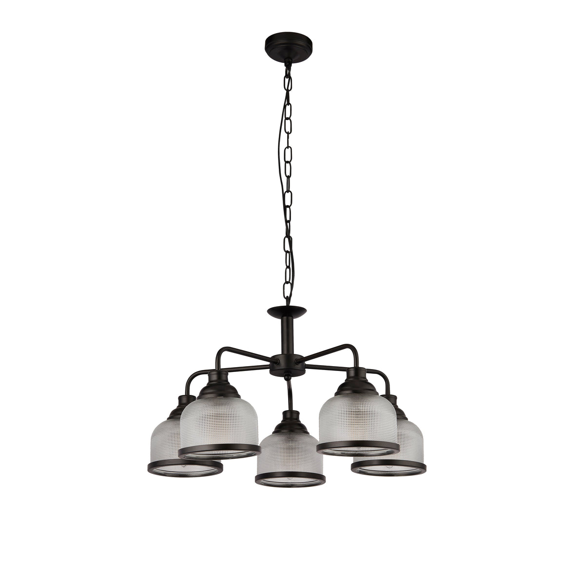 Searchlight Highworth 5 Light Black Pendant - Holophane Style Glass Shade-warehouse-180926