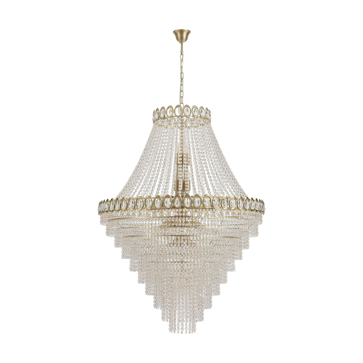 Louis Phillipe satin brass chandelier unlit on white, large empire tiers of clear glass bead strands