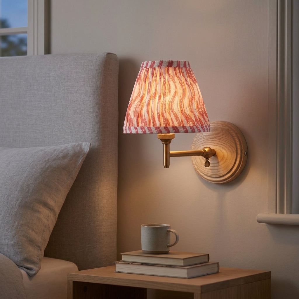 Wood Fold Wall Light & Ripple 16cm Coral Pink Shade by Endon Lighting — suits living rooms, bedrooms & hallways