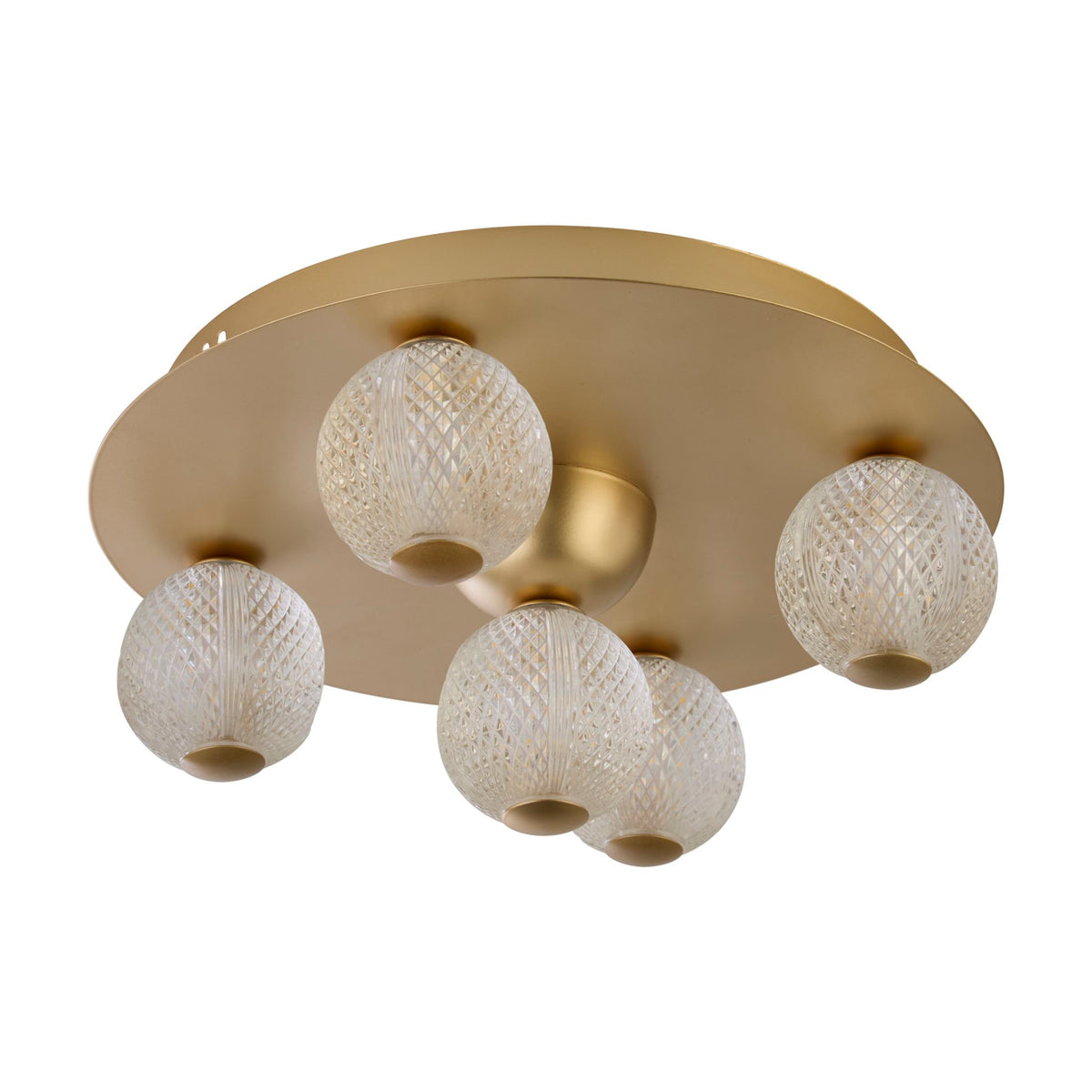 Asteroid gold five-globe flush ceiling light unlit on a white studio background