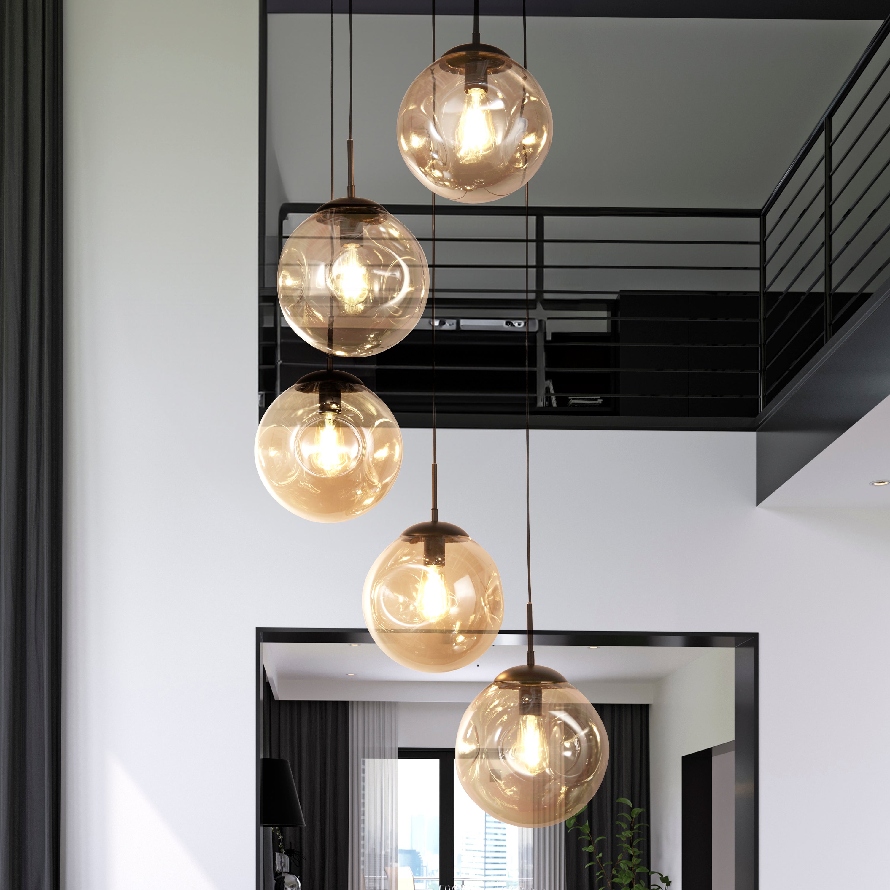Searchlight Punch Black 5 Light Multi-Drop Bar Pendant With Champagne Punched Glass Shade