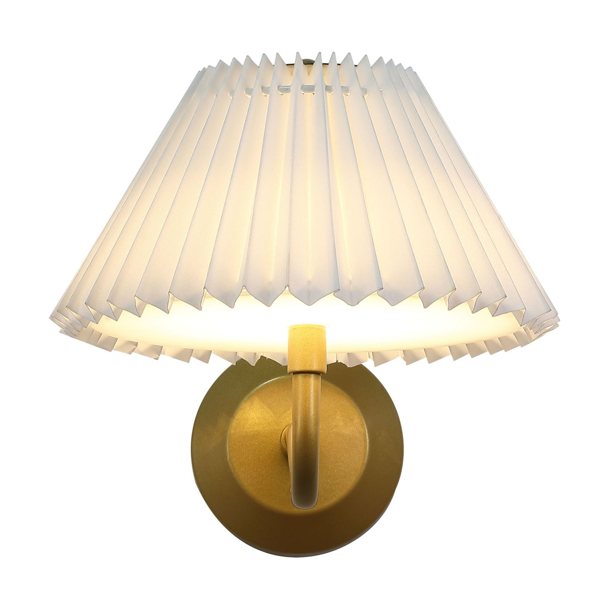 Danish gold wall light with pleated white shade glowing warm on a curved brass arm