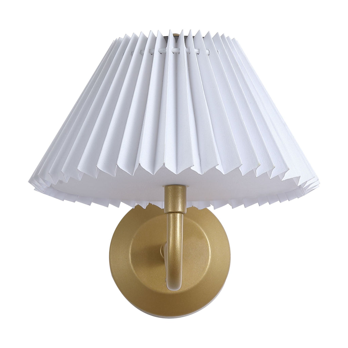 Danish gold wall light unlit, pleated white shade on a curved gold arm and round backplate