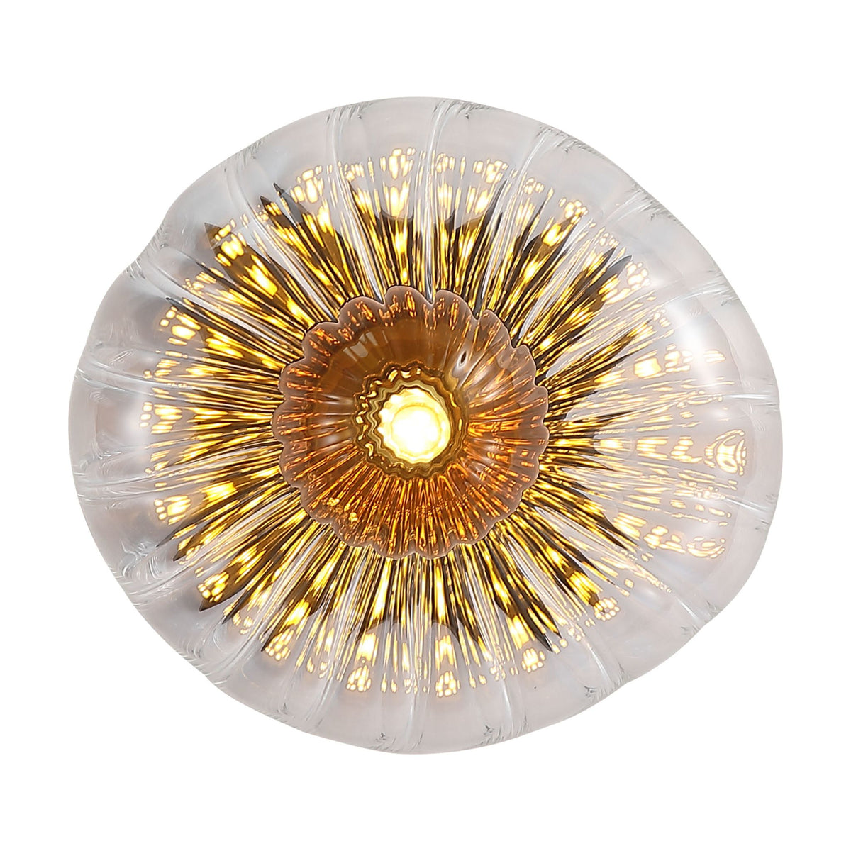 Sunbeam single wall light lit as a clear ribbed glass disc with amber sunburst centre