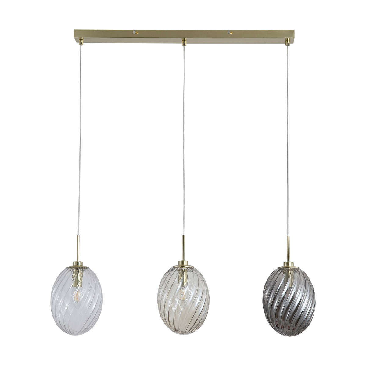 Whirl 3-light satin brass bar pendant unlit on white with clear amber and smoked swirled oval shades