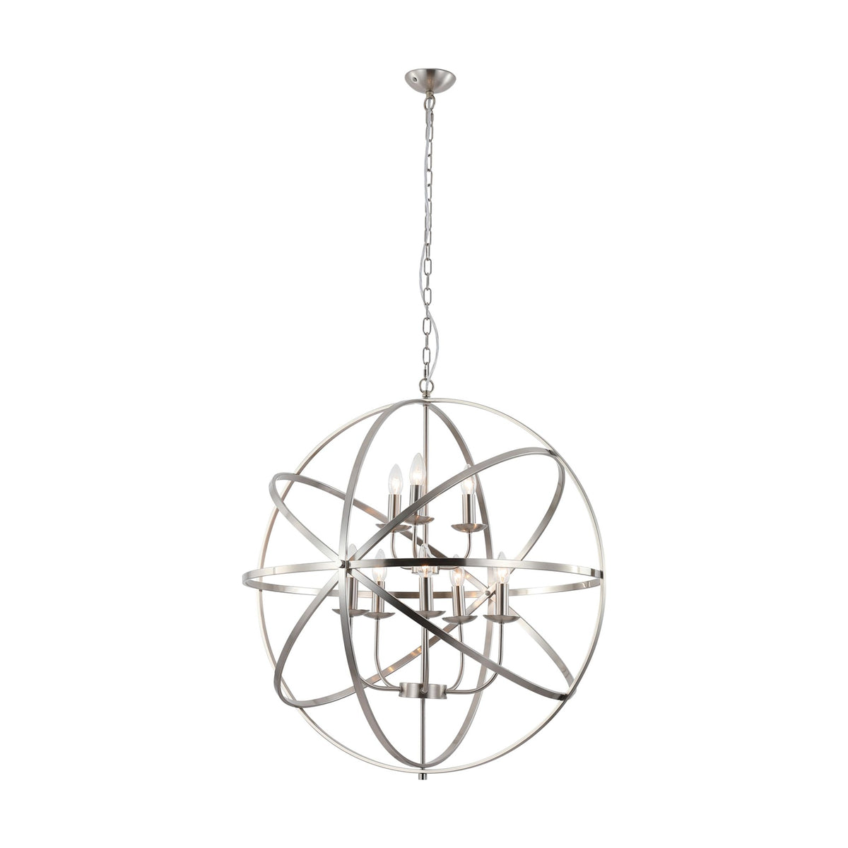 Orbit satin silver chandelier with a spherical cage frame and eight candle lamps