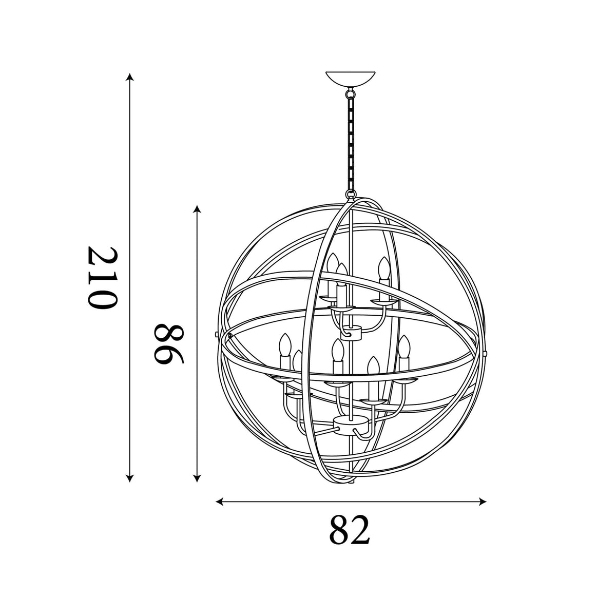Dimension diagram of the Orbit, Satin Silver, Chandelier - Cage Frame Design with height and width in cm.
