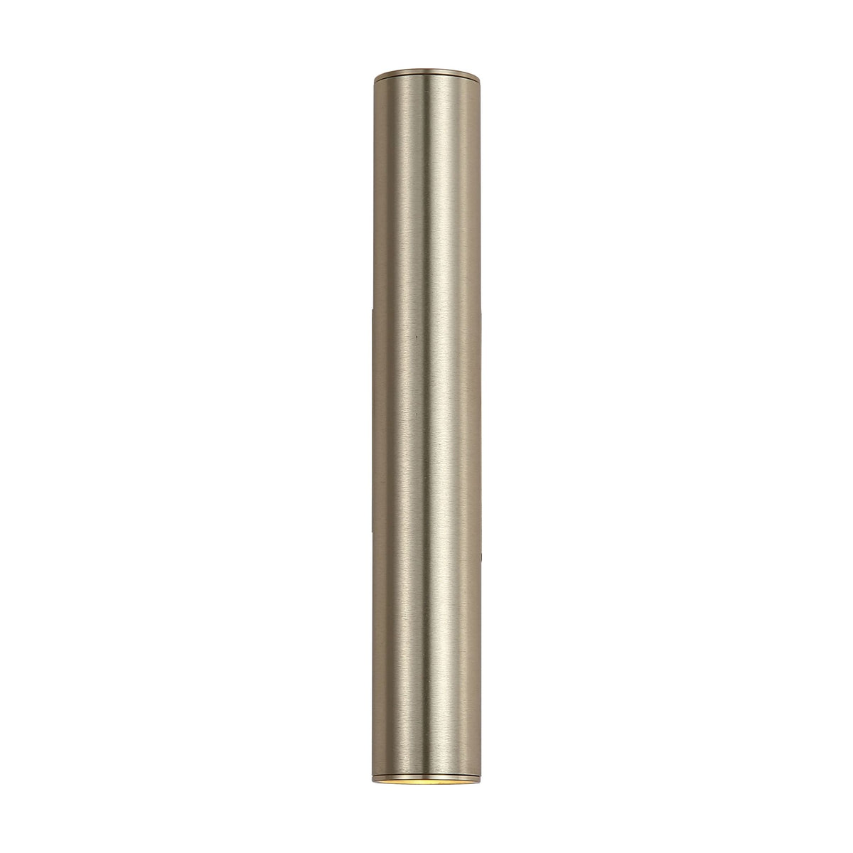 Beacon gold wall light as a slim brushed brass tube casting warm up and down light