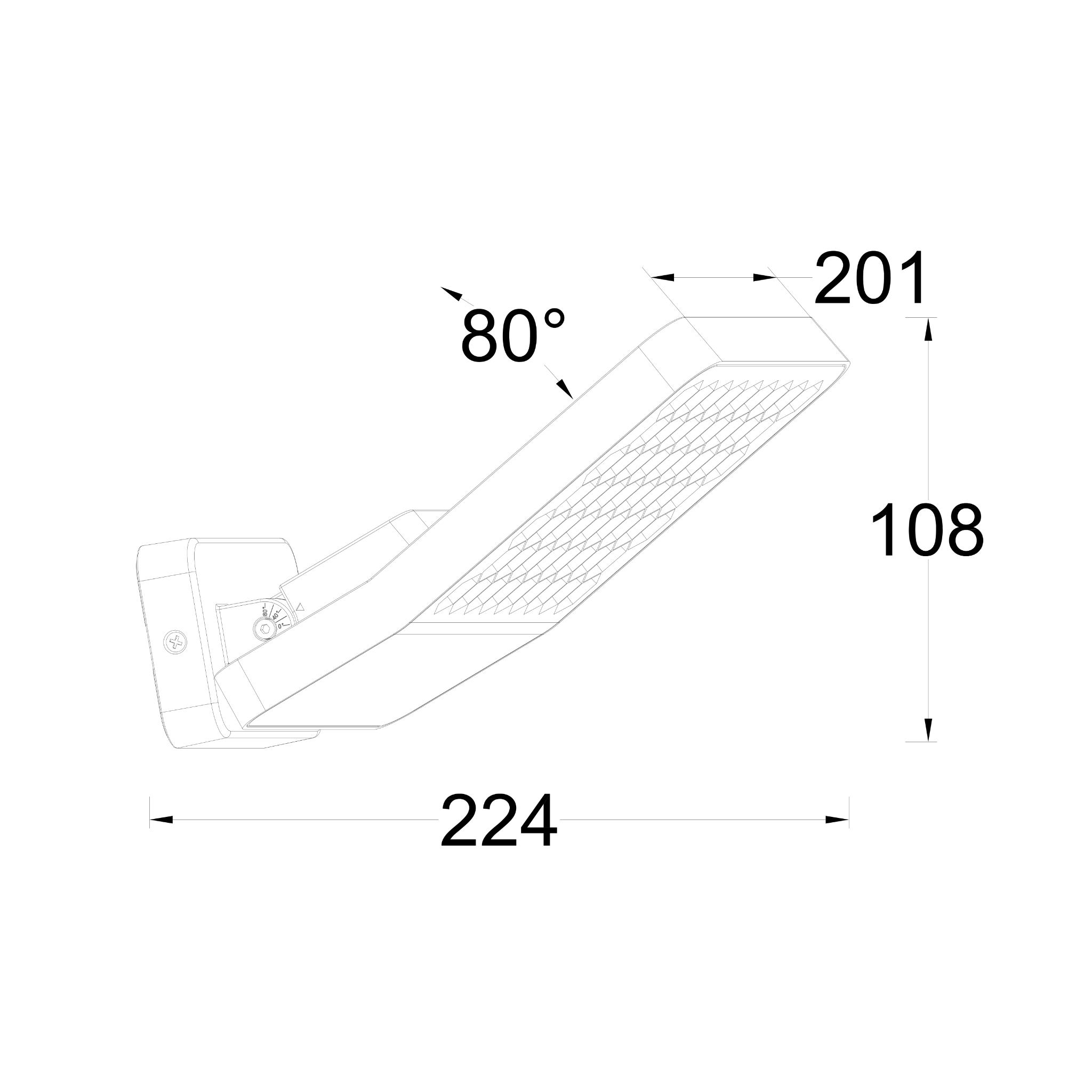 Technical drawing of a rectangular object with dimensions and angles labeled