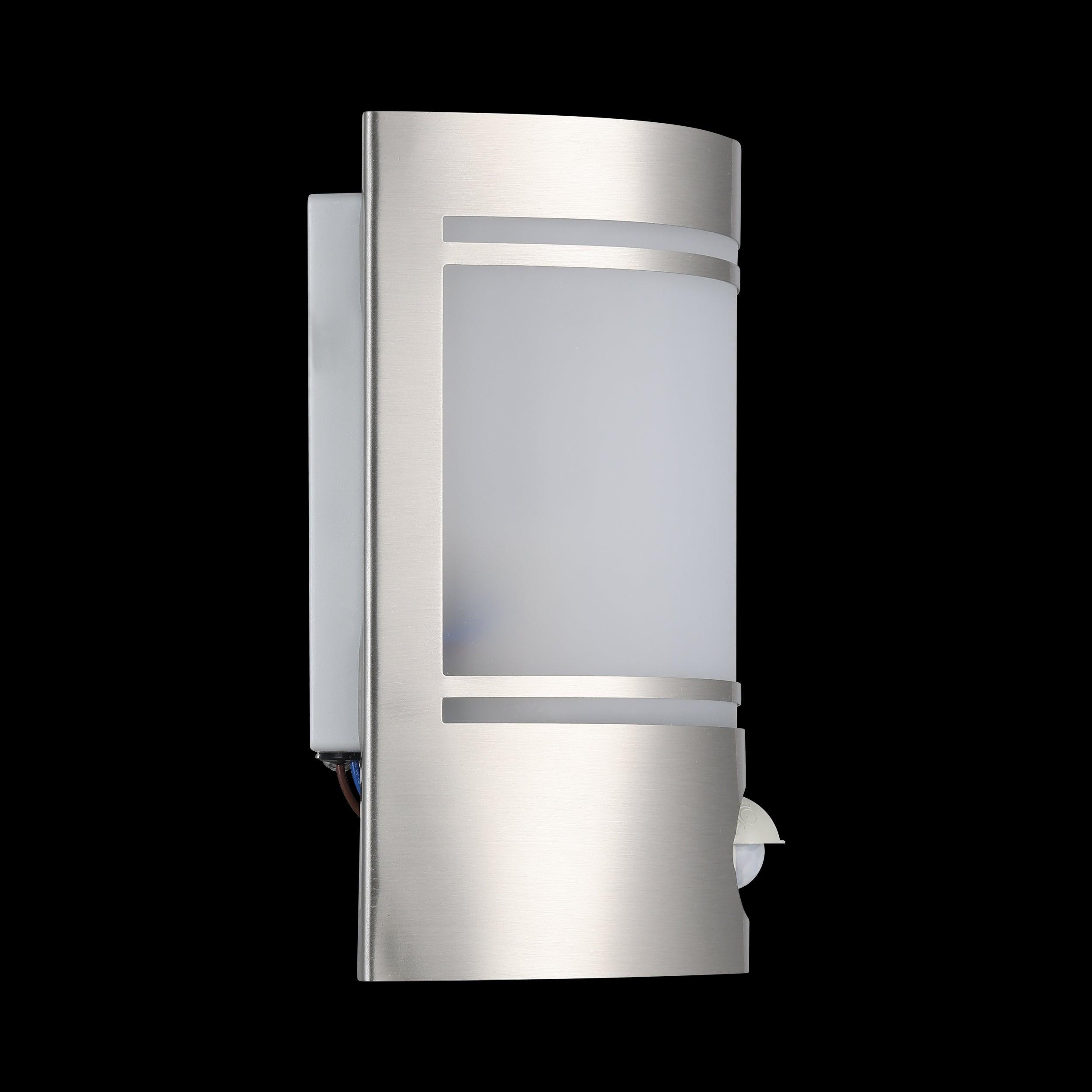 eglo cerno stainless steel curved pir outdoor wall light living room close up