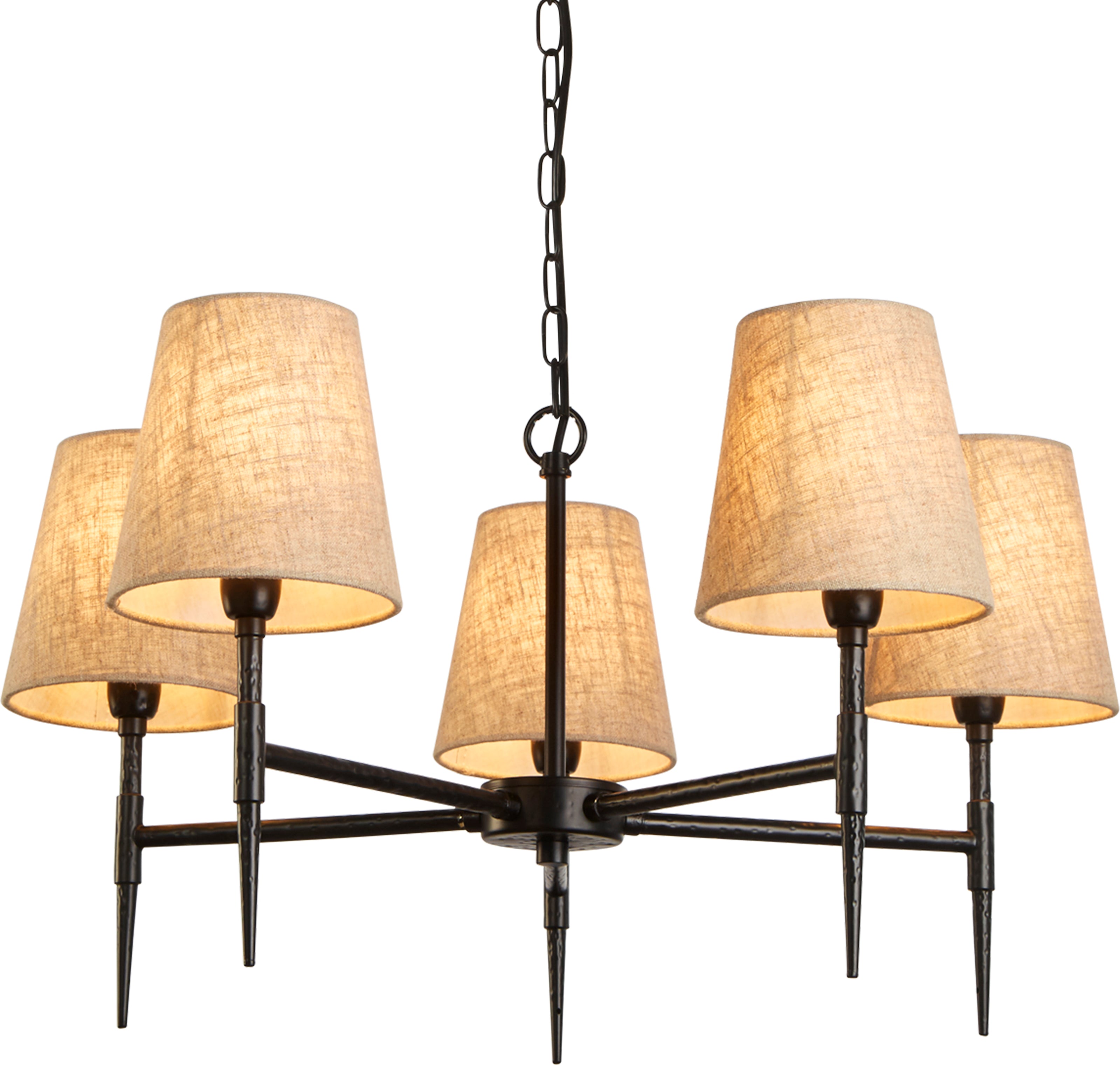 Searchlight Gothic 5 Light Hammered Black Pendant - Natural Linen Shades