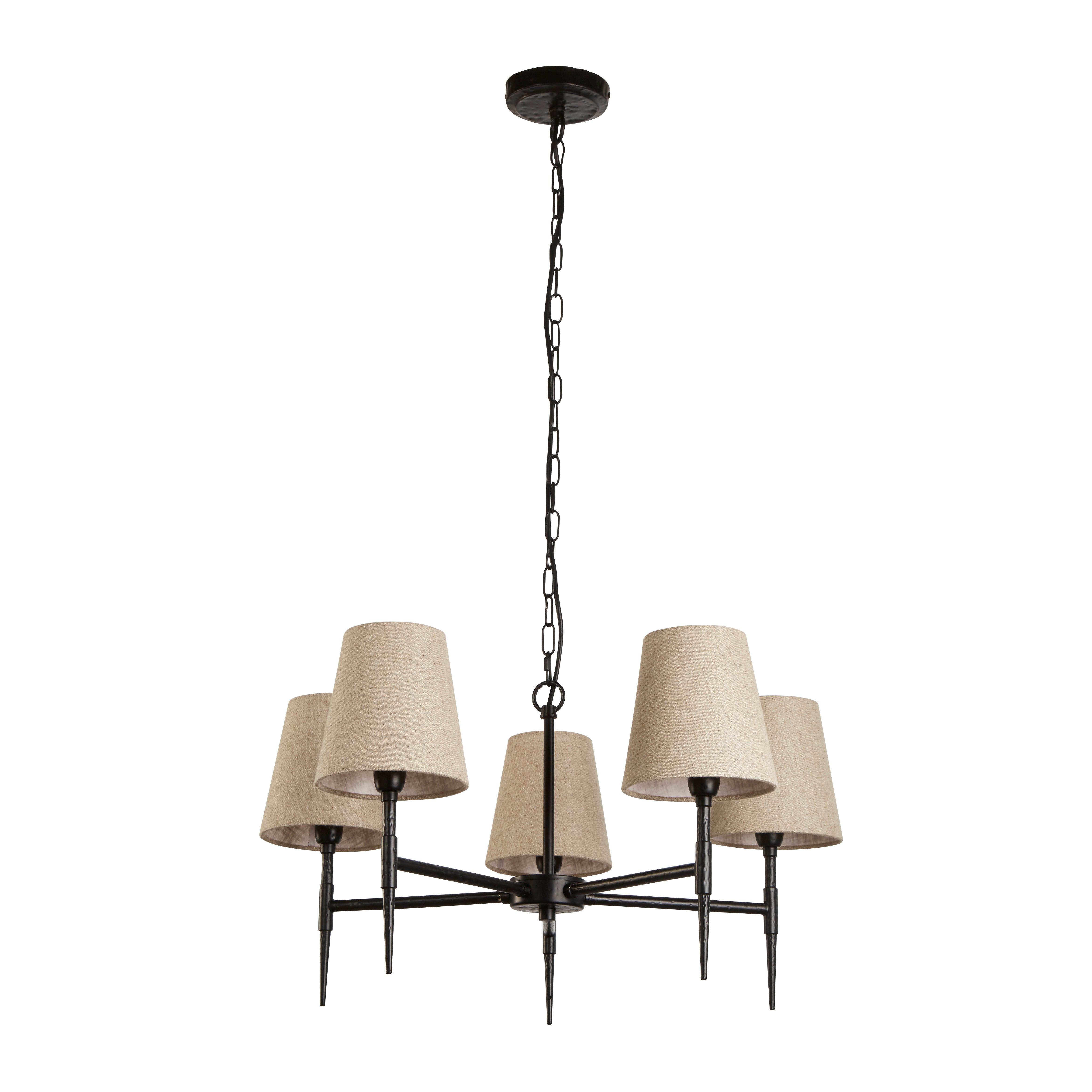 Searchlight Gothic 5 Light Hammered Black Pendant - Natural Linen Shades