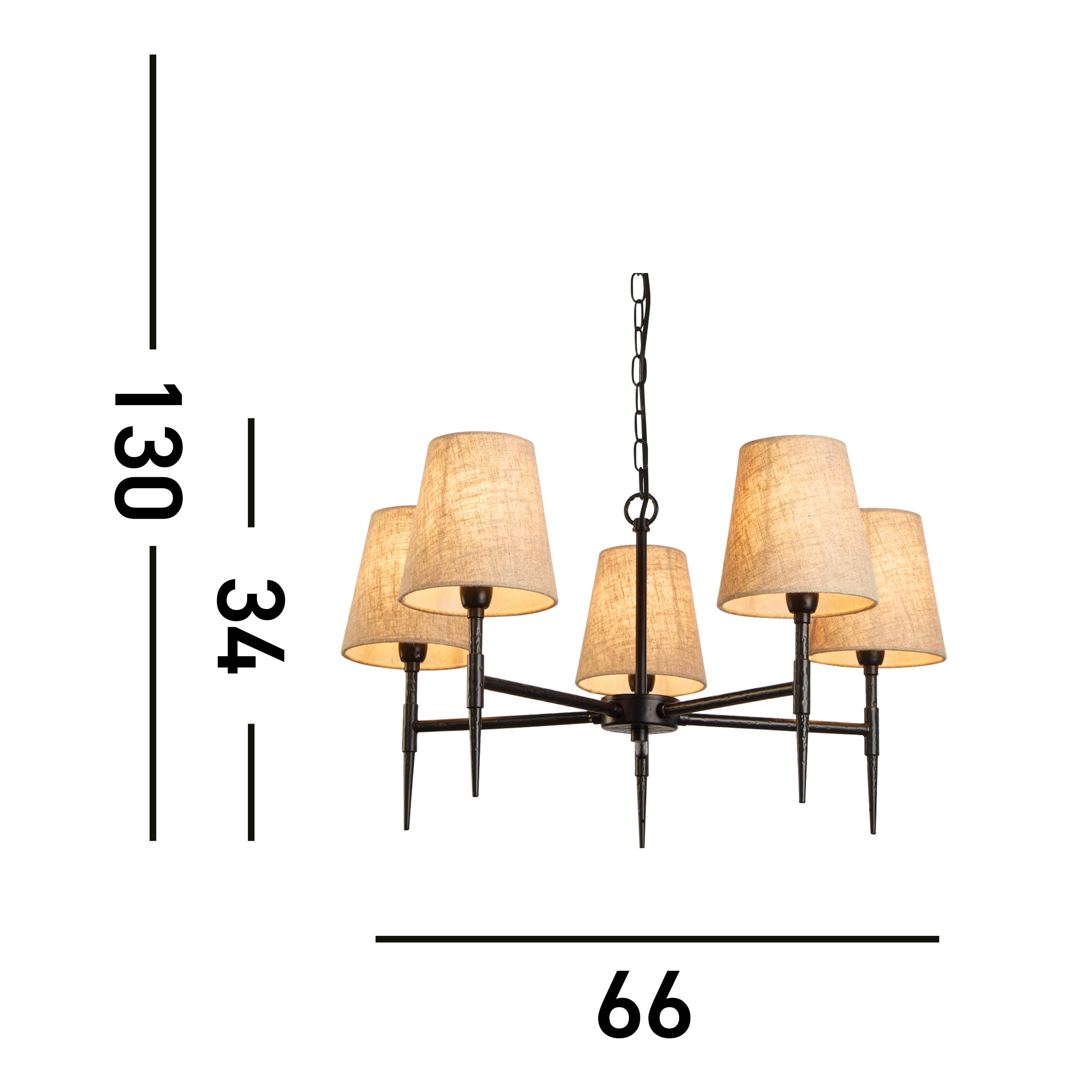 Searchlight Gothic 5 Light Hammered Black Pendant - Natural Linen Shades