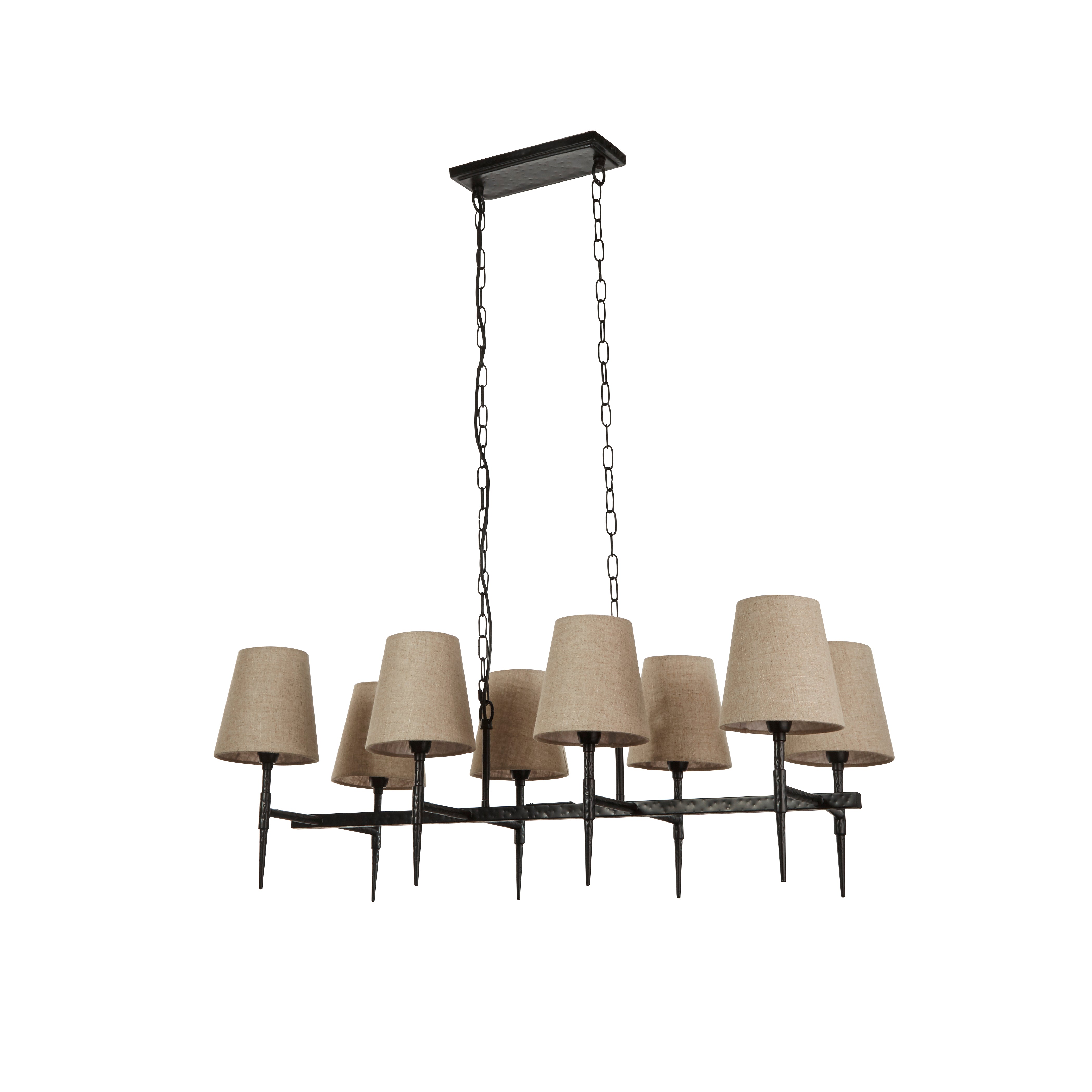 Searchlight Gothic 8 Light Hammered Black Pendant - Natural Linen Shades