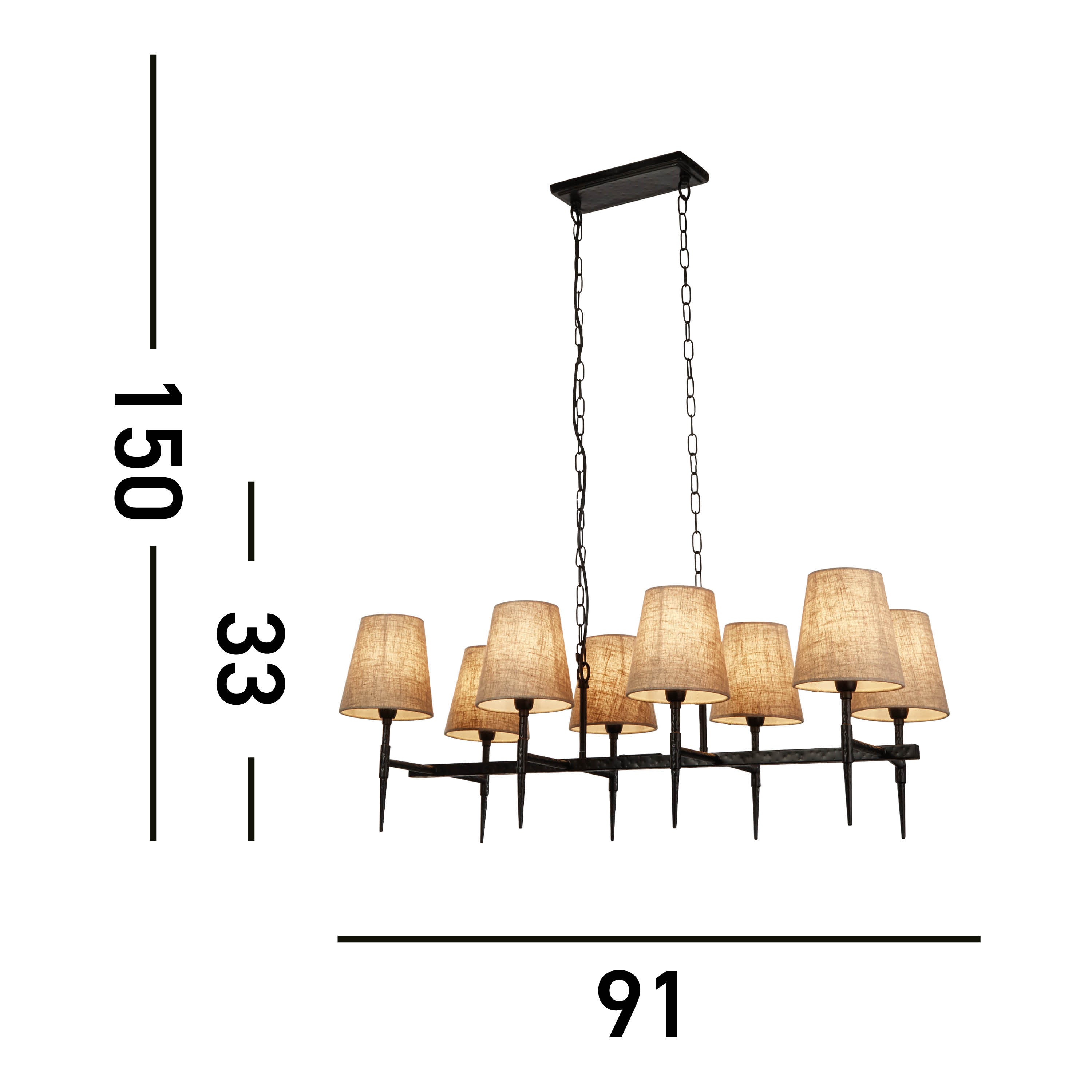 Searchlight Gothic 8 Light Hammered Black Pendant - Natural Linen Shades