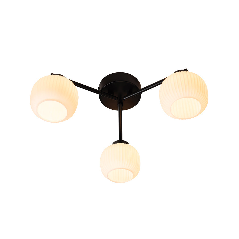 Hadden 3 Light Black Semi-Flush - Opal Ribbed Glass Shades-warehouse-180926