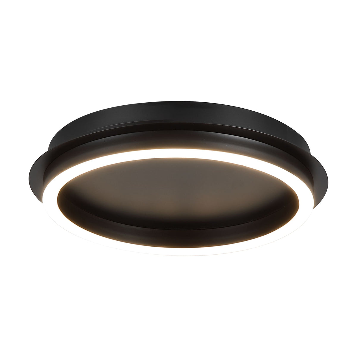 Stellaris black flush ceiling light lit, round black disc edged by a glowing white LED ring