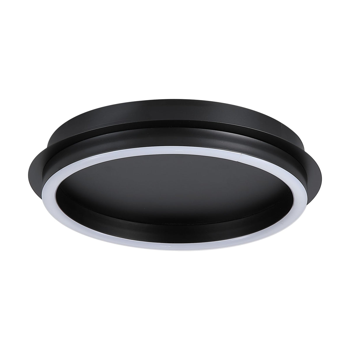Stellaris black flush ceiling light unlit on white, layered round disc with slim outer ring