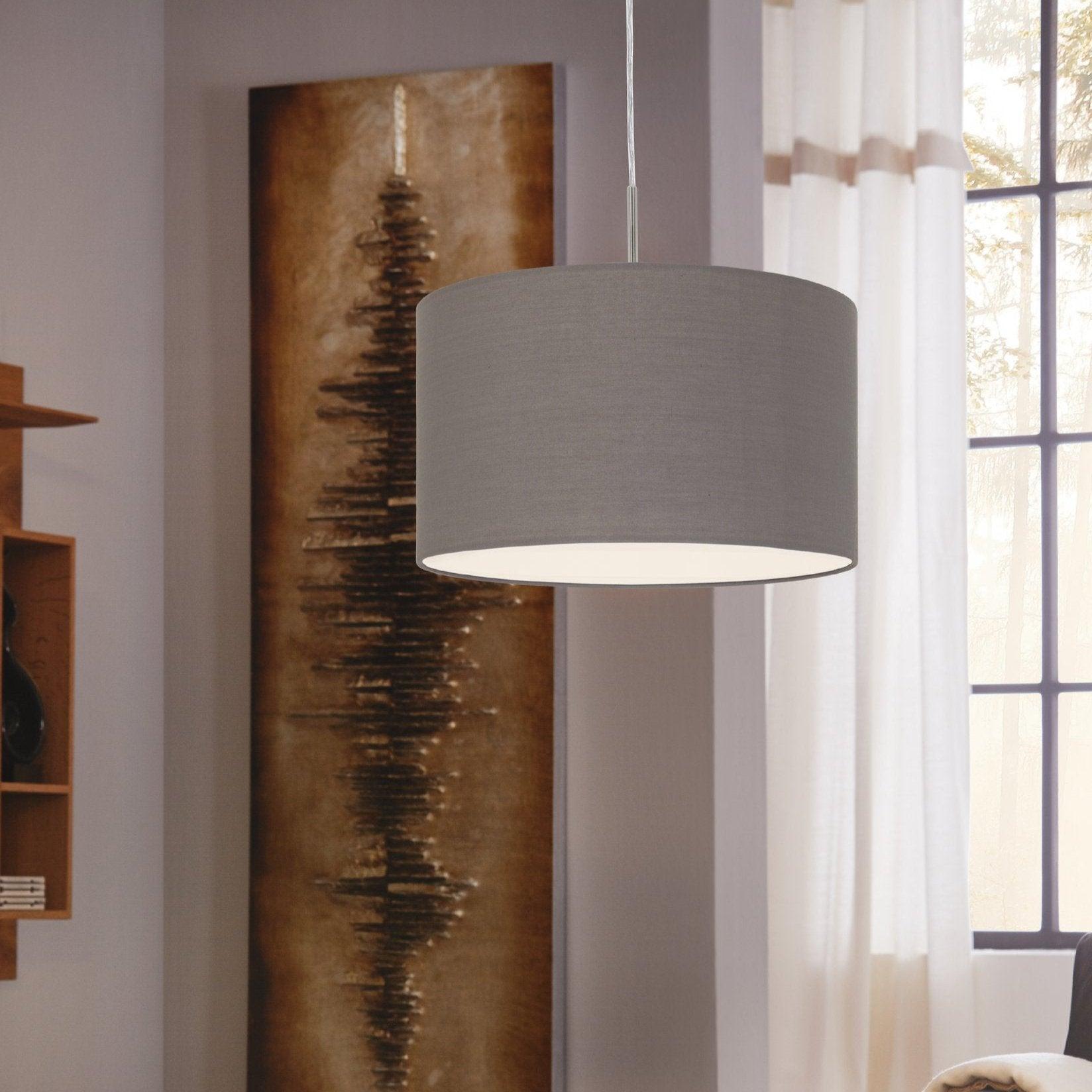 eglo pasteri nickel ceiling pendant with brown fabric shade 38cm living room close up
