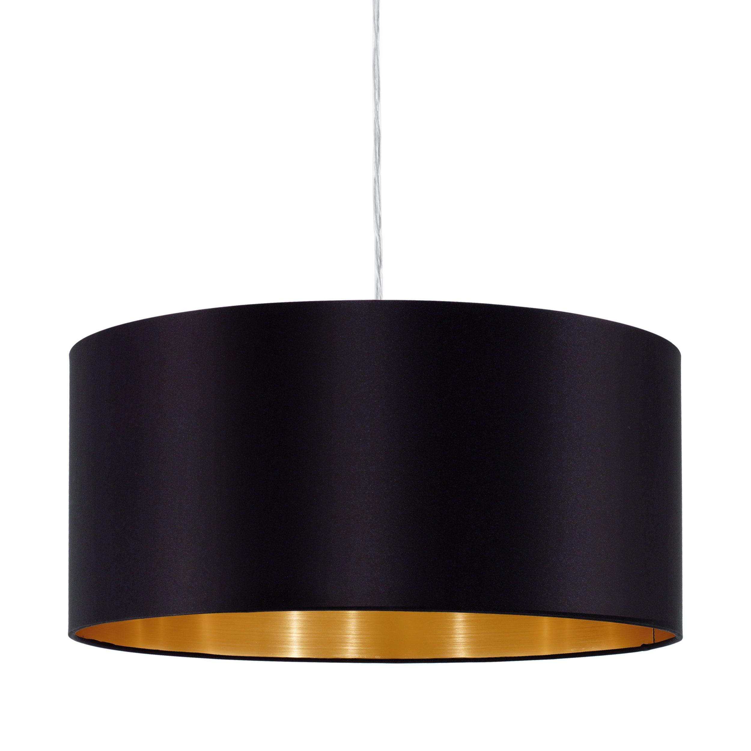 eglo maserlo nickel ceiling pendant with fabric black gold shade living room close up